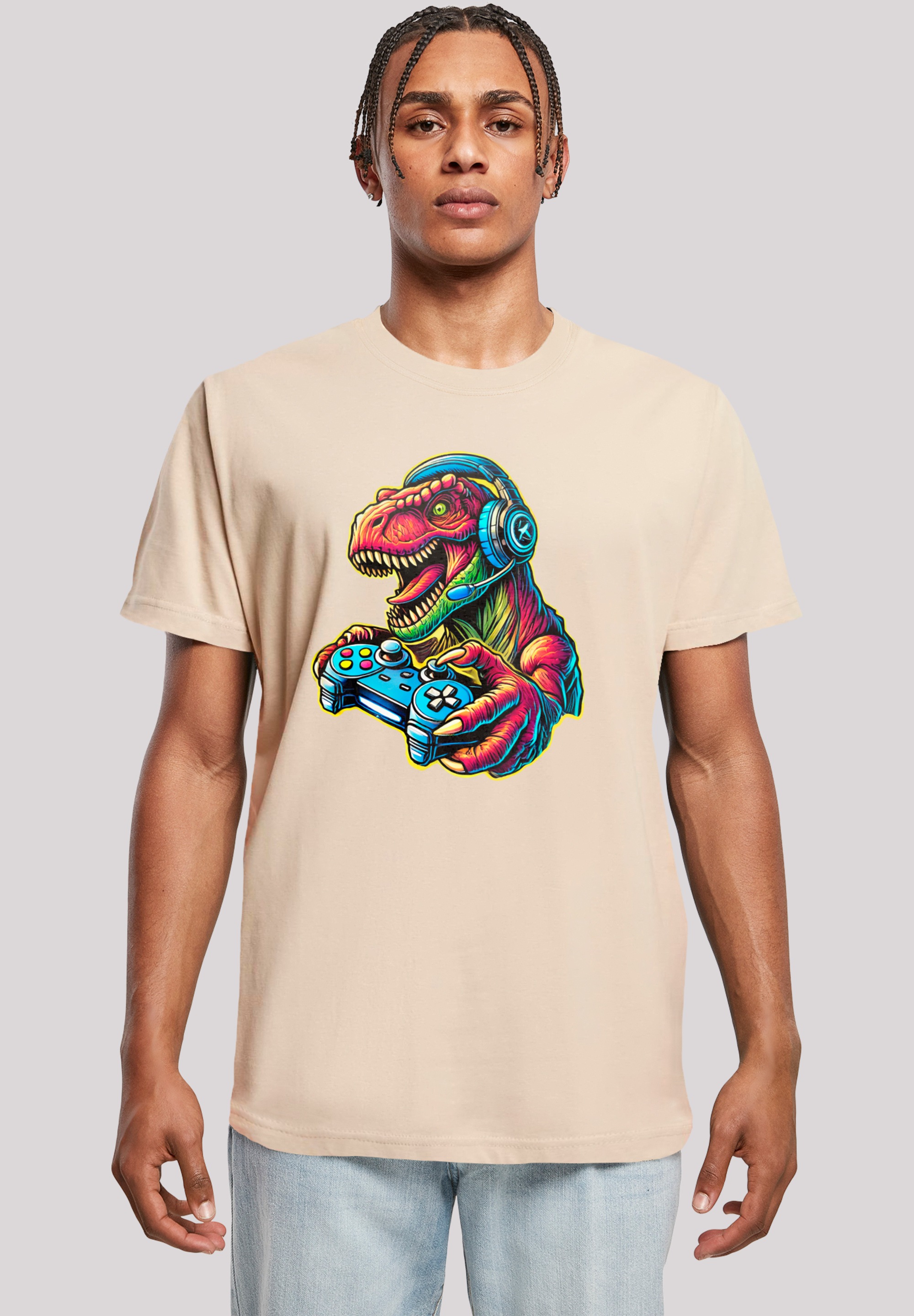 F4NT4STIC Herren T-Shirt "Dinosaurier Gamer", beige, Gr. M, Obermaterial: 100% Baumwolle, Shirts, Premium Qualität