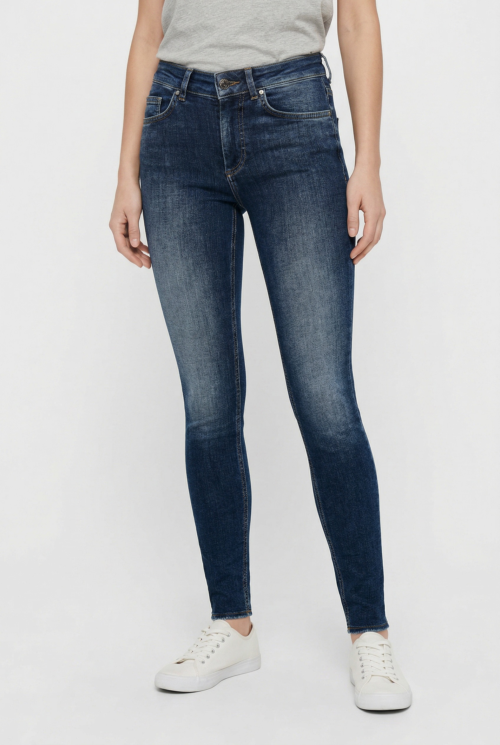 Skinny-fit-Jeans ONLY "ONLBLUSH MID SK ANK RW DNM REA082 NOOS", Damen, Gr. XL (42), Länge 30, blau (schwarz medium blau denim), Denim/Jeans, Obermaterial: 92% Baumwolle, 6% Elastomultiester, 2% Elasthan, unifarben, skinny fit, Jeans