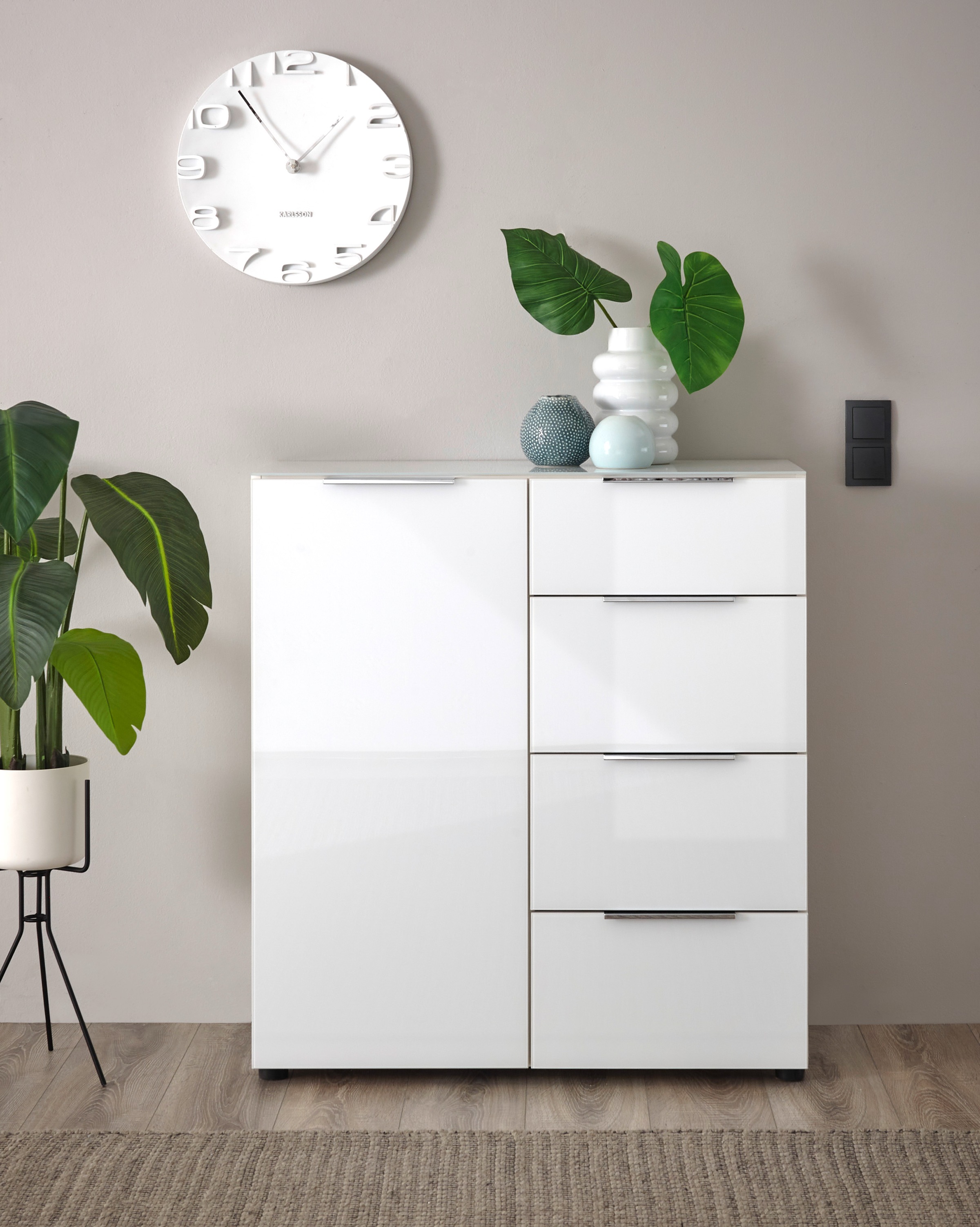 HBZ Sideboard »Santorin Mehrzweckschrank-Universalschrank, BxHxT 90x99x40 cm«, (1 St.), Mit 1 Tür und 4 Schubkästen mit Softclose, Glasfront und Glasoberboden