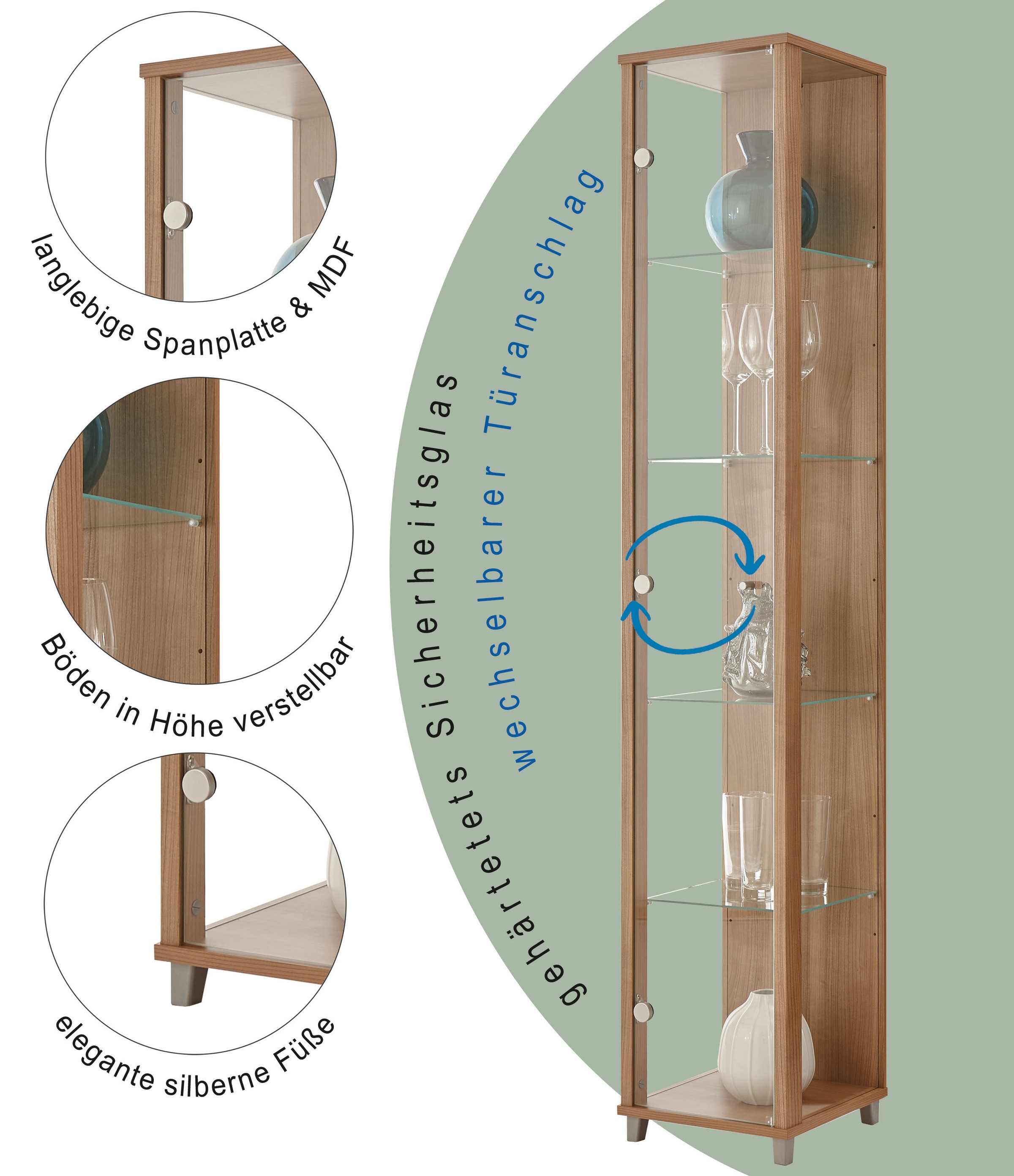 Thumbnail - fif möbel Vitrine "OPTIMA Höhe ca. 172 cm" Standvitrine/Glasvitrine 1x Glastür,perfekt für Sammler,Sammlervitrine