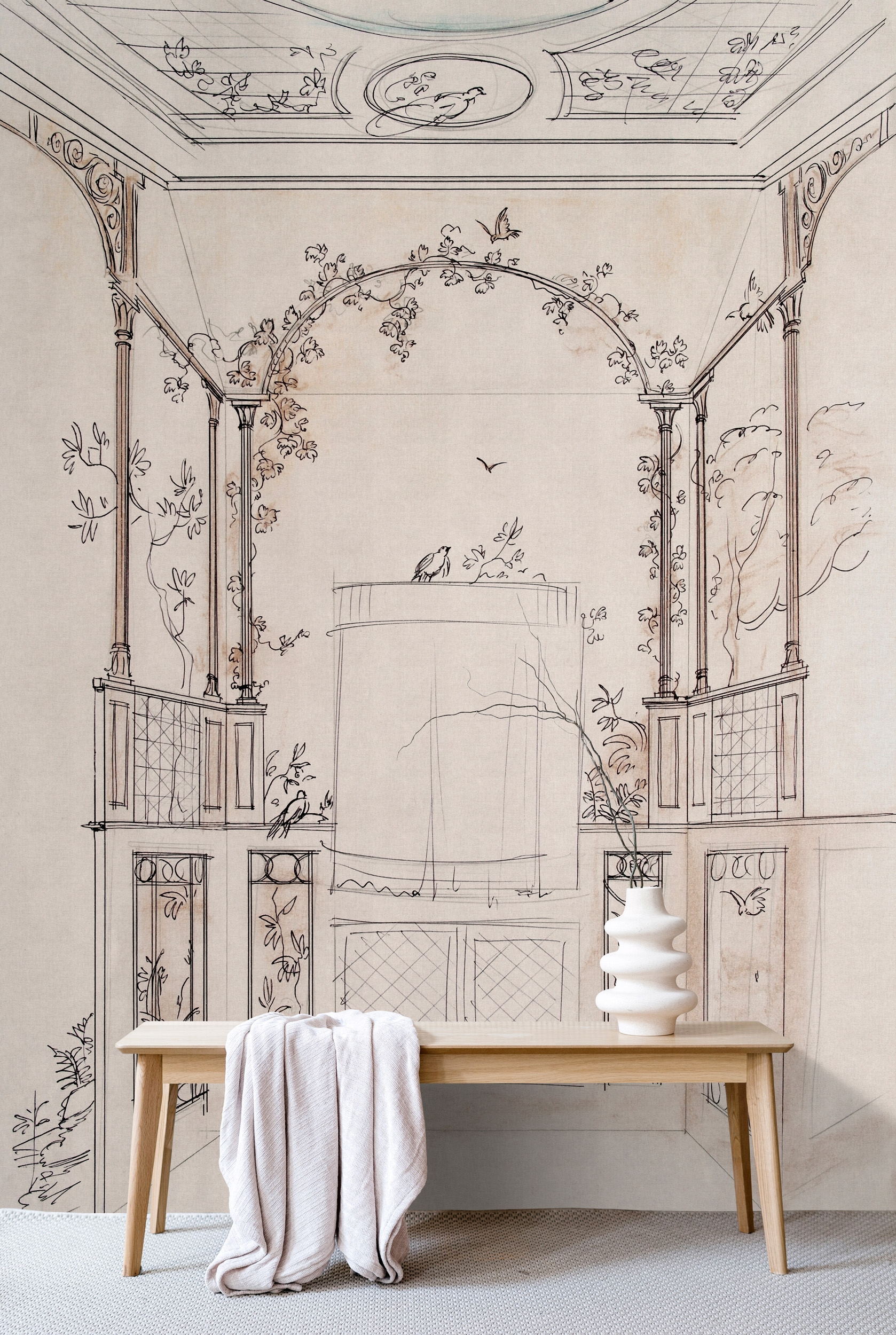 living walls Vliestapete "Tapete Vögel & Architektur Beige Braun Historisch" matt glatt