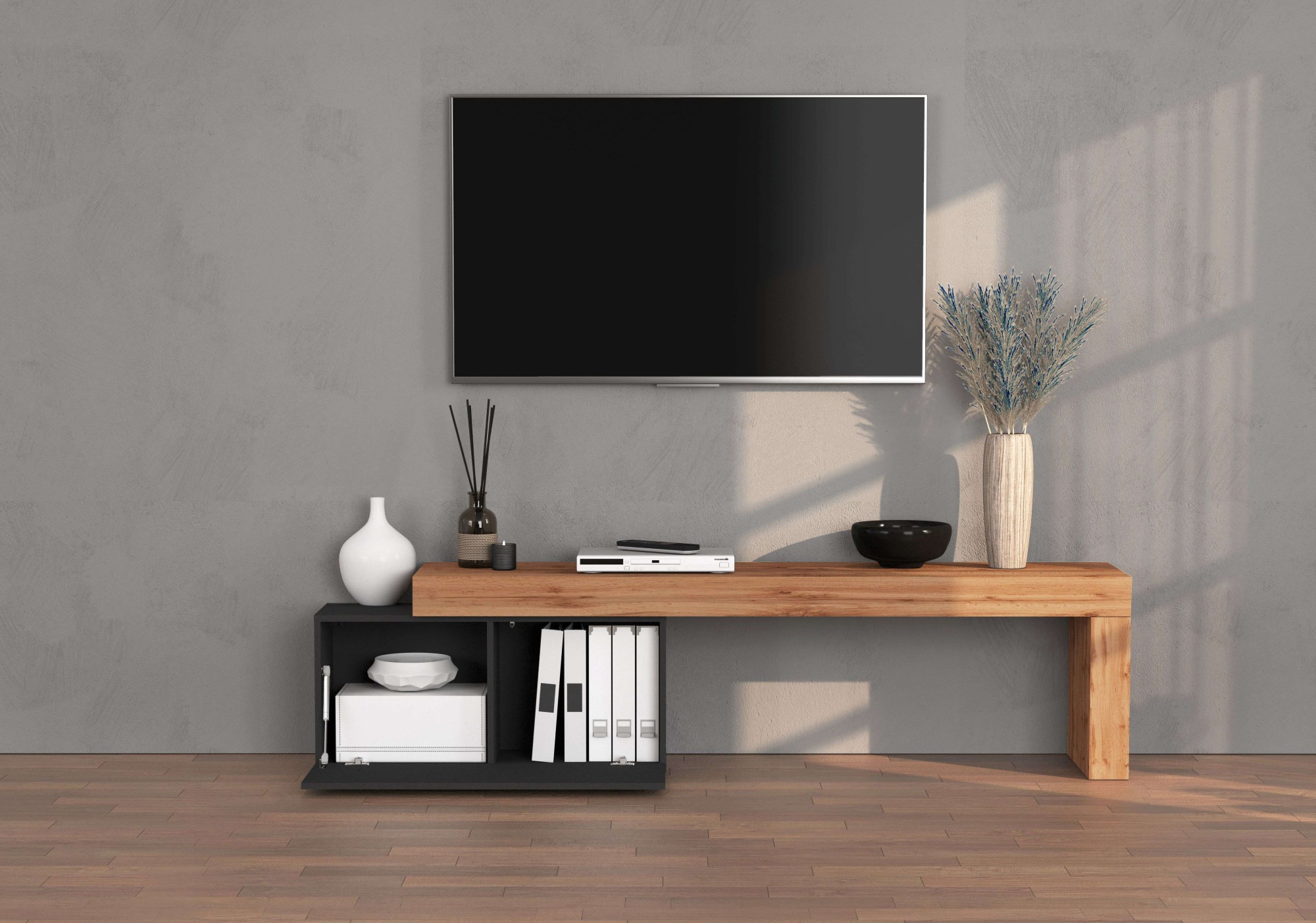 INOSIGN Lowboard »Chronos TV-Board, TV-Schrank«, (1 St., Breite verstellbar von 180 bis 260 cm), Breite 220 cm TV-Board,Lowboard,1 Klappe und ein L-Förmiger Aufsatz