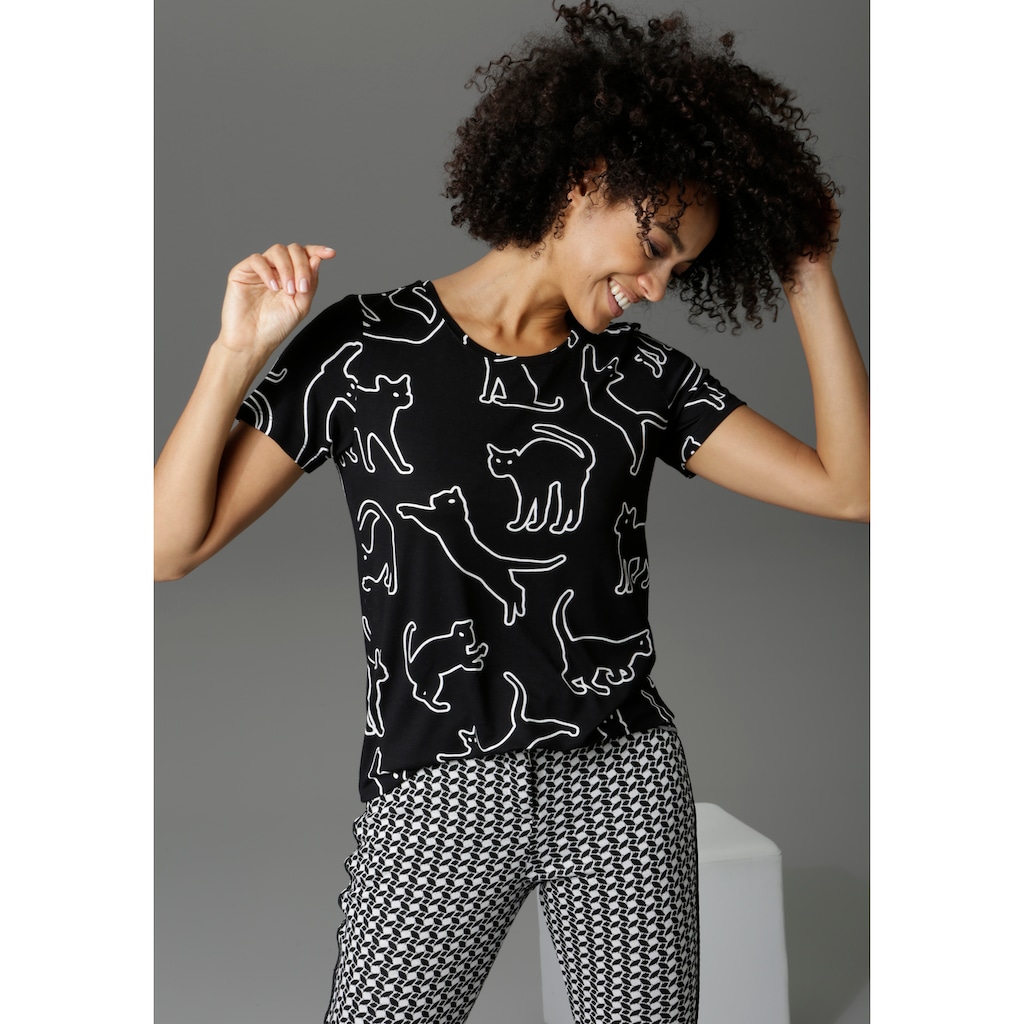 Damenmode Loungewear Chic Aniston CASUAL T-Shirt, mit Katzen bedruckt schwarz-weiß