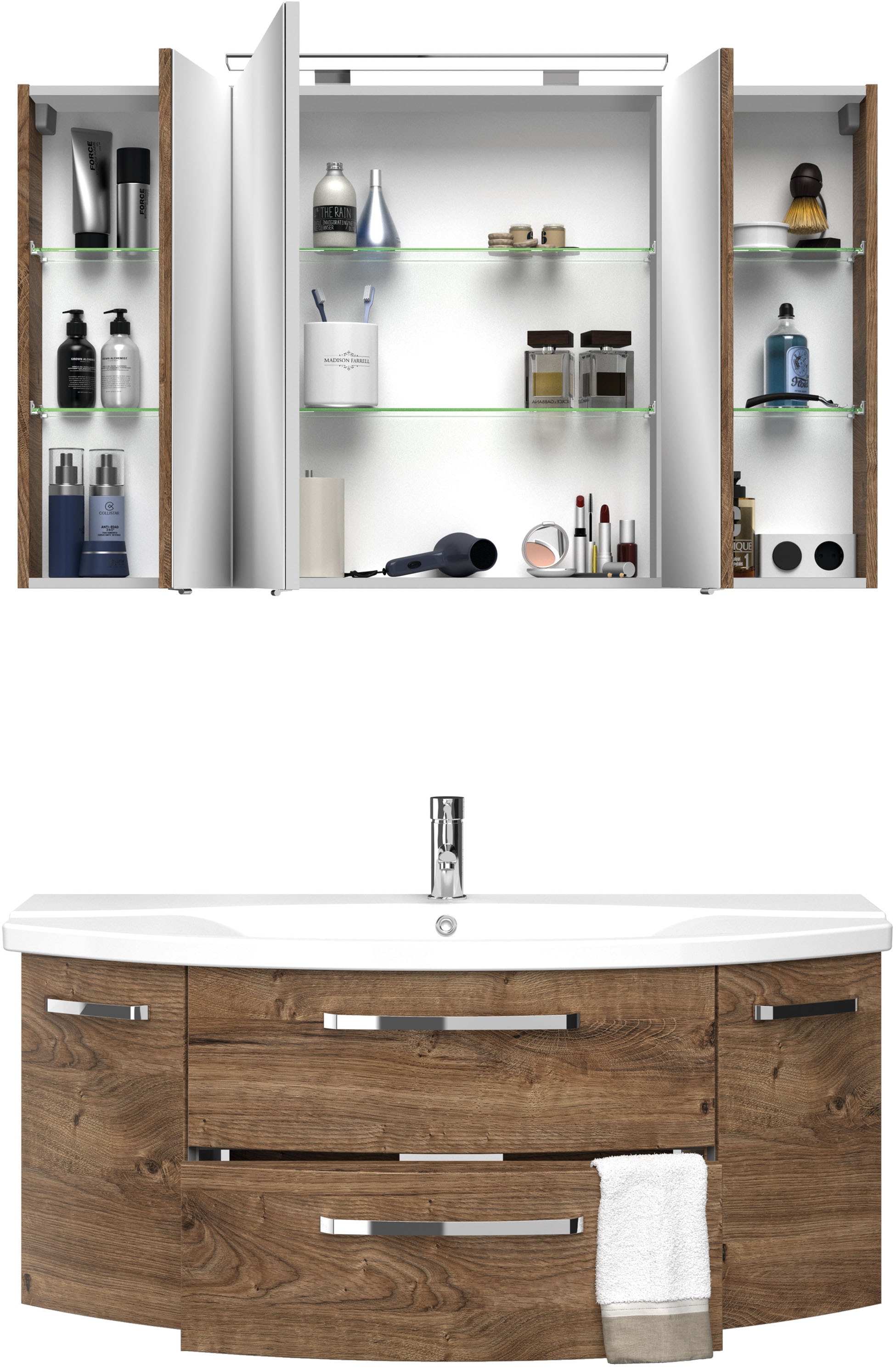 Saphir Badmöbel-Set »Serie 4010 2-teilig Keramik-Waschtisch mit LED-Spiegelschrank«, (Set), Badezimmer Set 120,5 cm breit, inkl. Türdämpfer, 5 Türen, 2 Schubladen