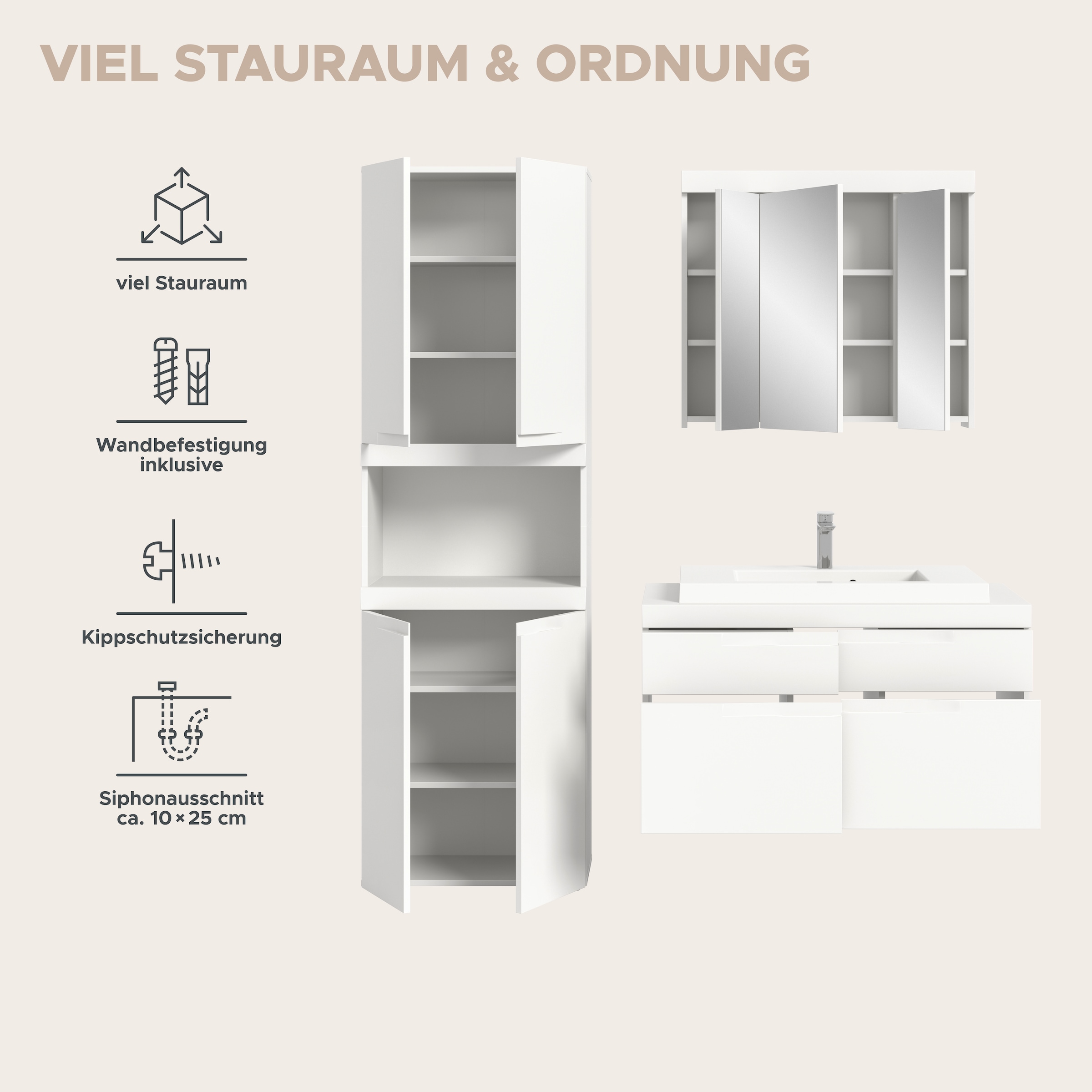 OTTO home Badmöbel-Set »MAOI, 3-teilige Badkombination, hochwertige MDF Front«