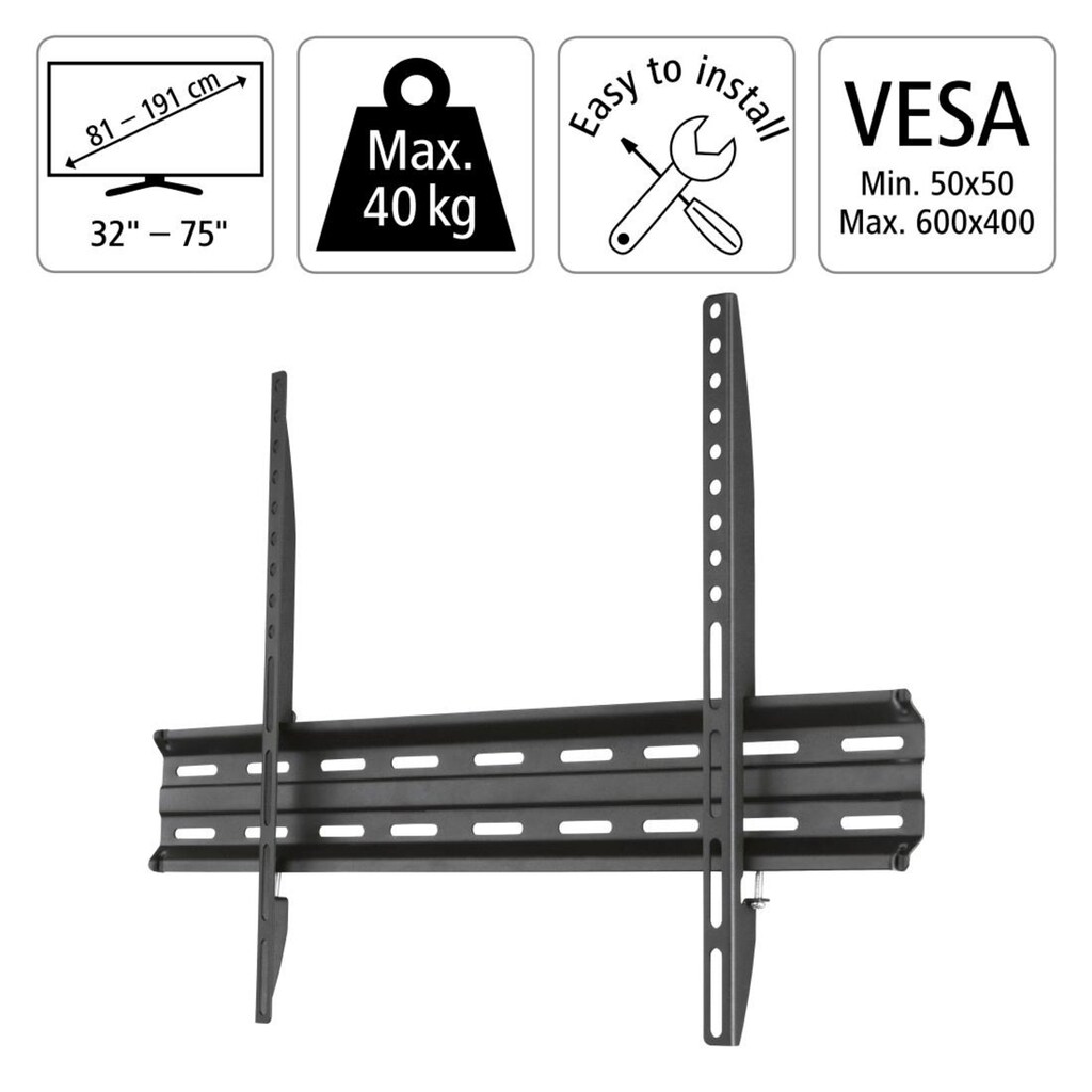 Hama TV-Wandhalterung »TV-Wandhalterung FIX, Schwarz, 81-191 cm (32"-75"), 43", 50", 55". 65"«, bis 191 cm Zoll