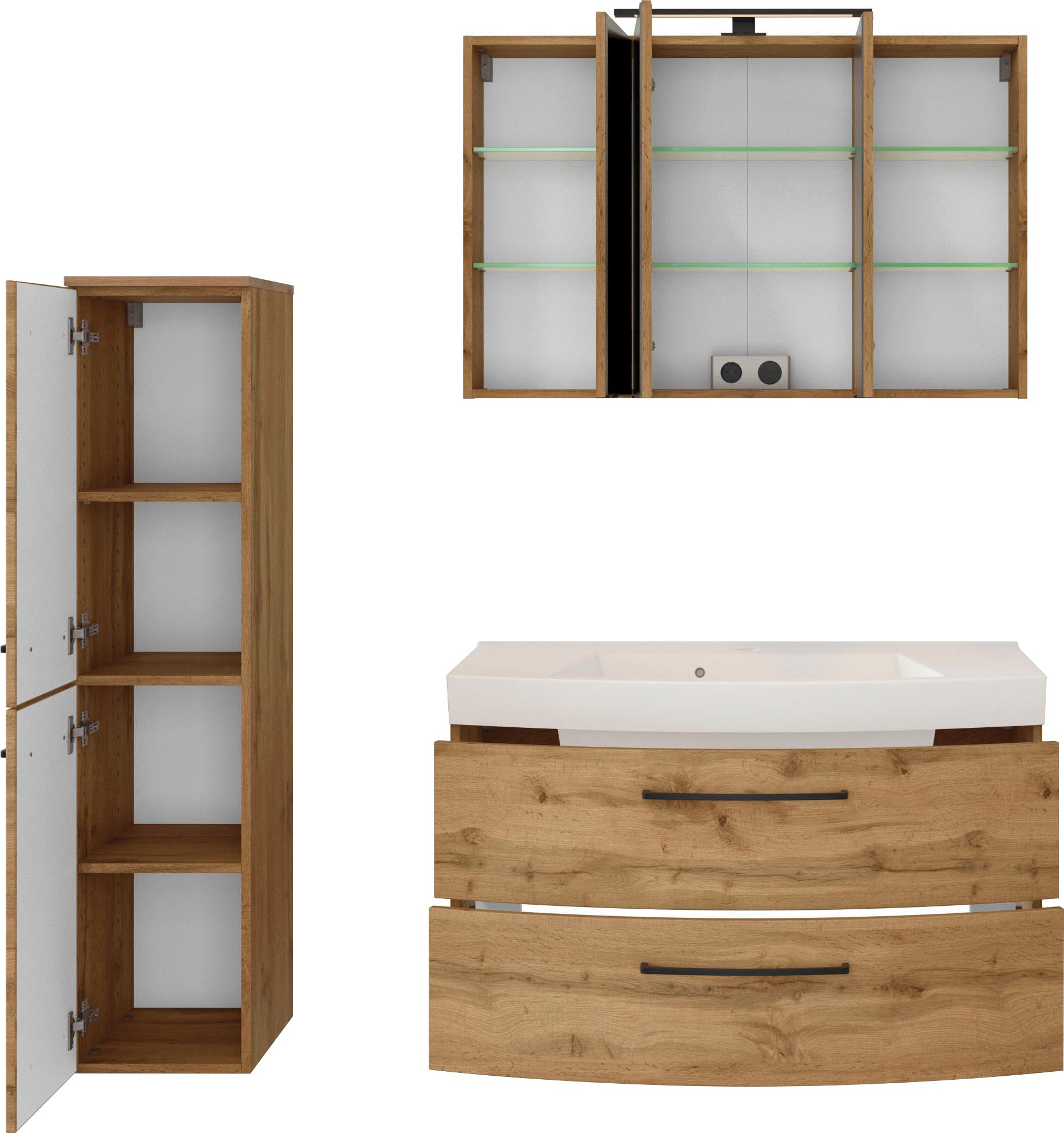 welltime Badmöbel-Set »Chicago«, (3 St., Spiegelschrank, Waschtisch, Midischrank), mit Mineralgussbecken