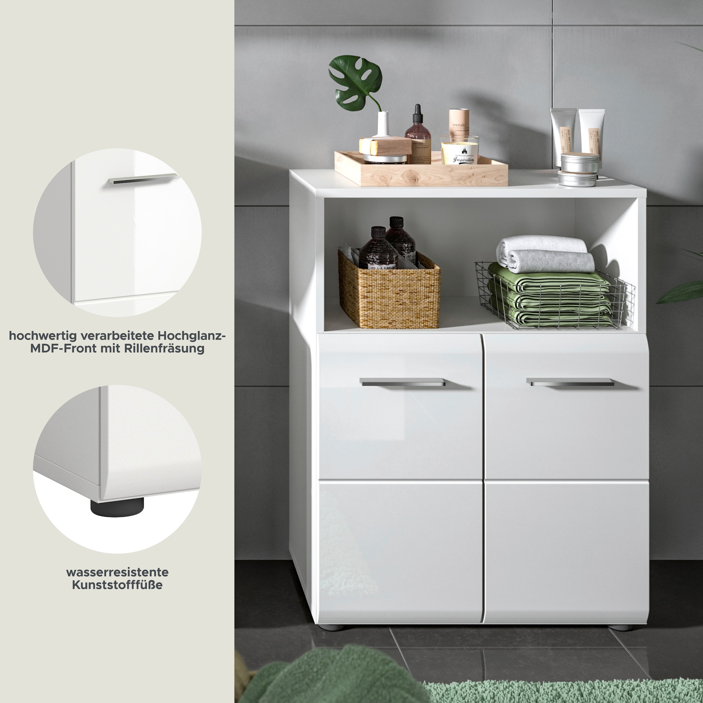 INOSIGN Midischrank »FLORENZ, TOPSELLER!, Breite 60 cm, 2 Türen, 1 Fachboden, 1 offene Fach«, hochwertige MDF Front, Griff chromglänzend, Badschrank, Bad