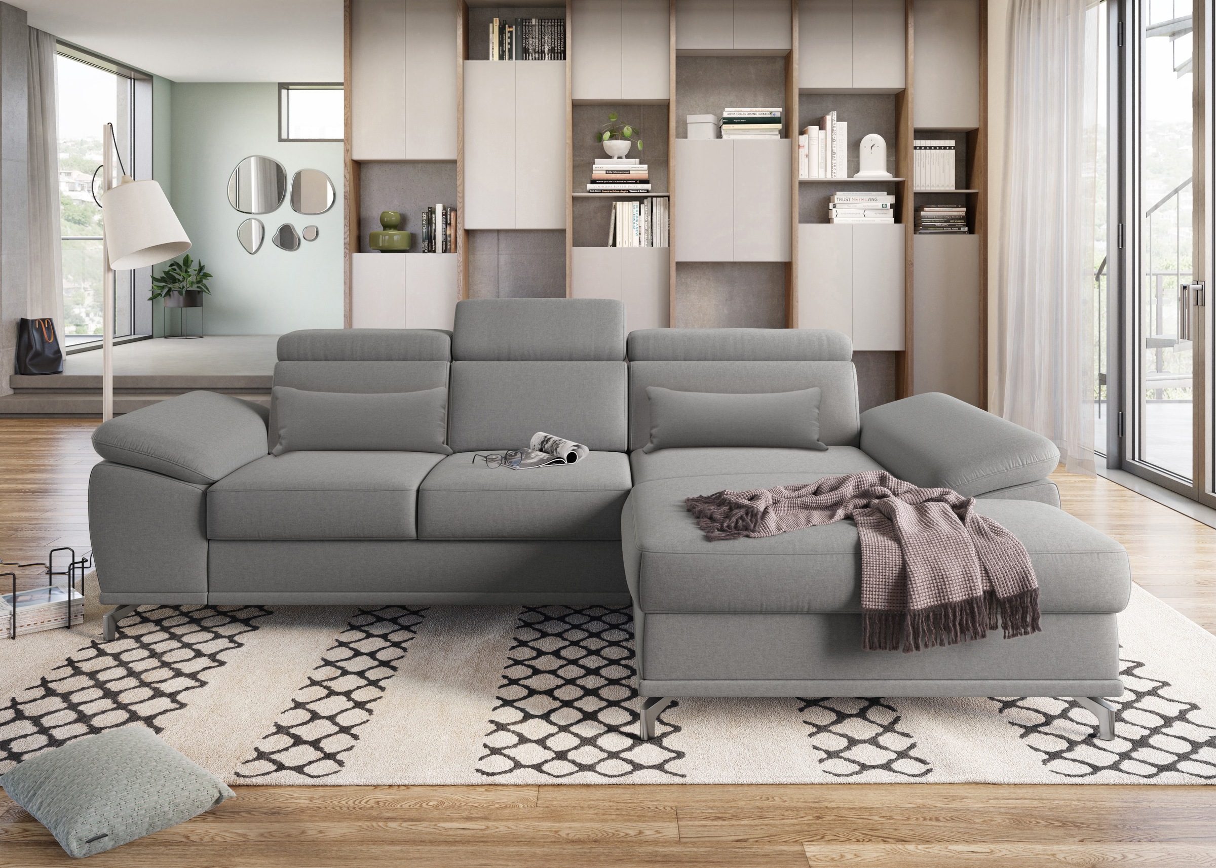 sit&more Ecksofa »Cabrio L-Form, mit Sitztiefenverstellung, Arm- und Kopfteilverstellung«, 2 Nierenkissen, Federkern, optional Bettfunktion und Stauraum