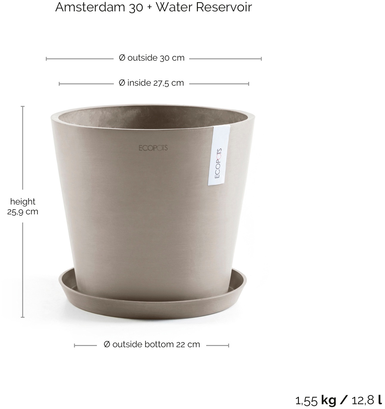 ECOPOTS Blumentopf »Amsterdam 30 + Wassersystem Taupe«, für innen und außen: frostsicher, bruchsicher und lichtbeständig