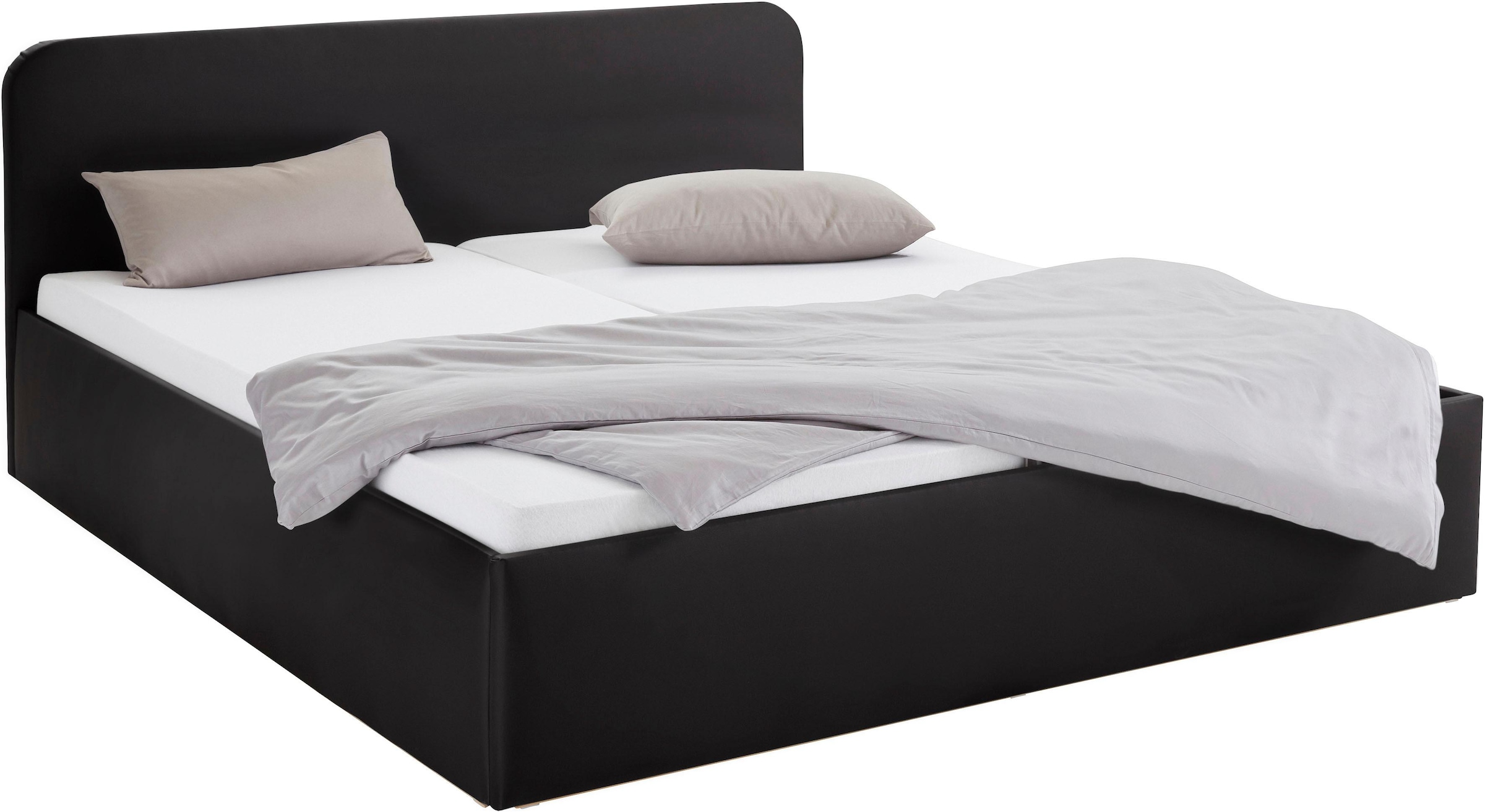 Polsterbett, schwarz, B:210cm L:210cm, Bezug Bett: wahlweise Microfaser (100% Polyester), Strukturstoff (77% Polyester, 23% Viskose) oder Kunstleder;Bonnell-Federkernmatratze: Mischgewebe (51% Polyprophlen, 39% Polyester, 10% Baumwolle);Kaltschaummatratze 7