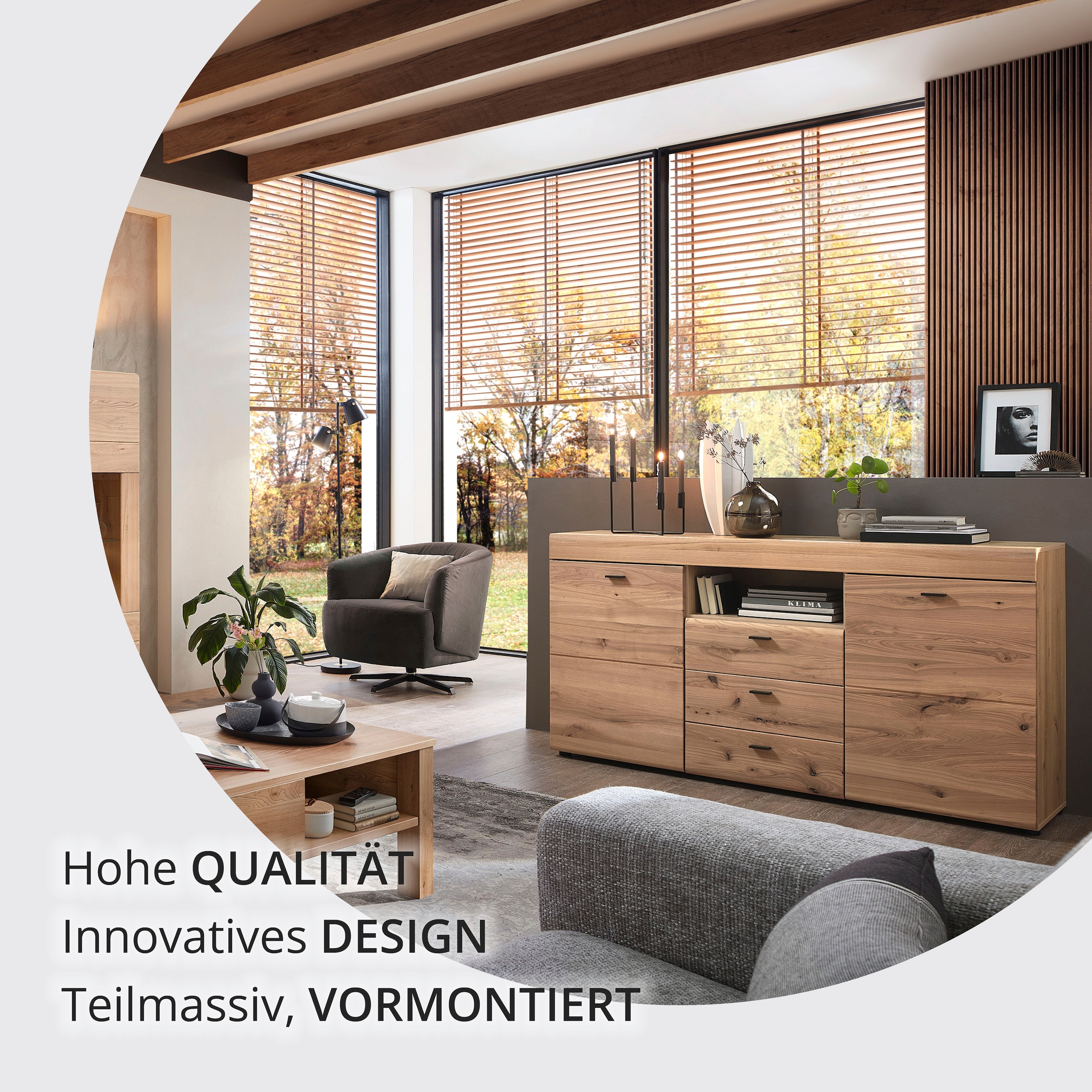Wohnconcept Sideboard »Malaga Sideborad, 160x88x42 (BxHxT)« 1 Stk. tlg. Front Massivholz, 2 türig, 3 Schubladen, Softclose