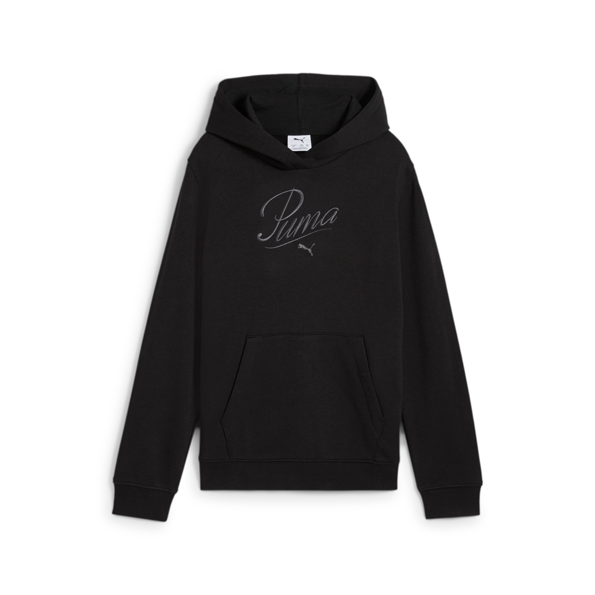 PUMA Mädchen Kapuzensweatshirt "ESS SCRIPT HOODIE TR G", schwarz, Gr. 140, bedruckt, Sweatware, Obermaterial: 68% Baumwolle, 32% Polyester,