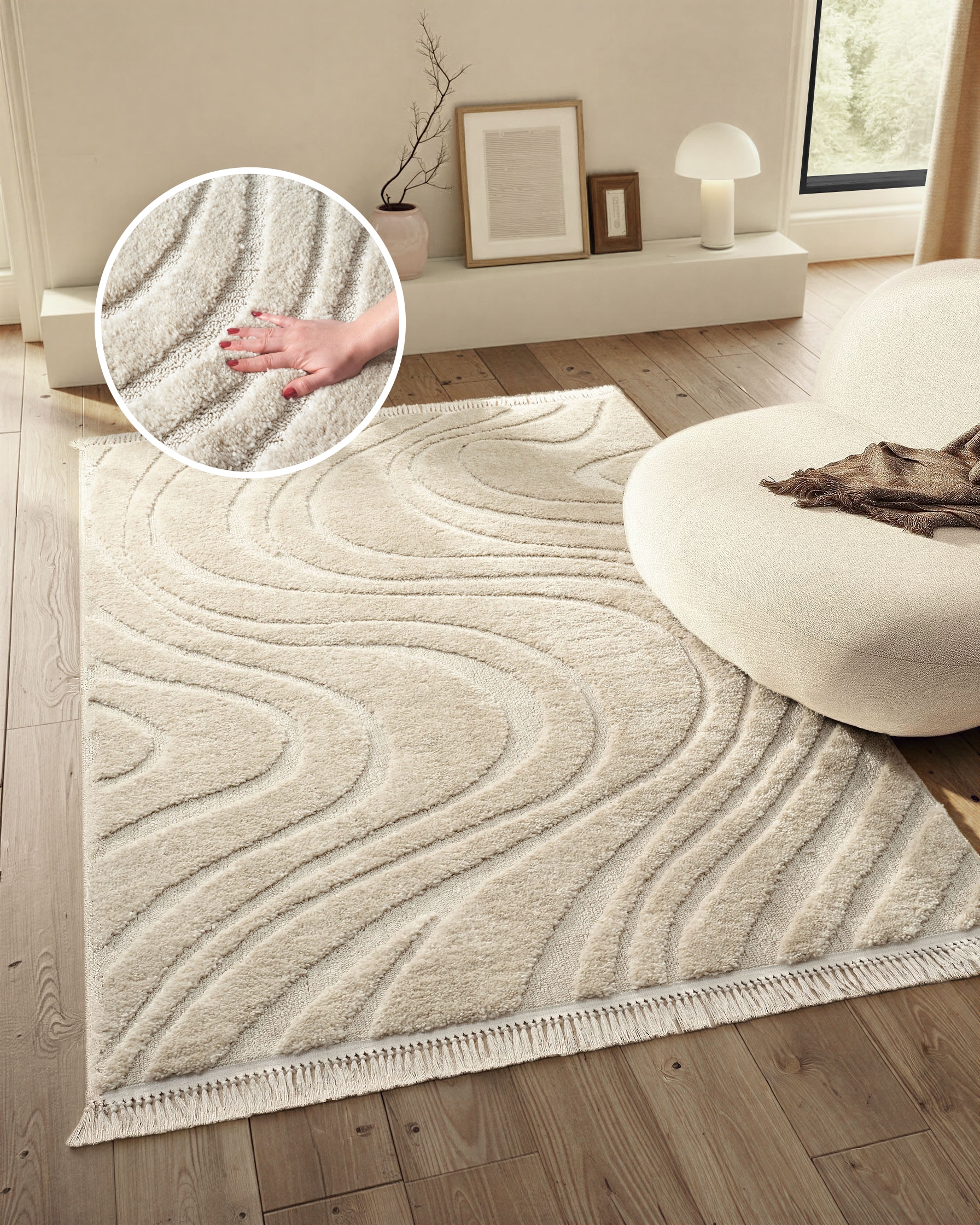 homsy by Ana Johnson "Waavy mit Fransen, Wellen Design" rechteckig 20 mm Höhe Boho, 3D Optik, Scandi, Hoch-Tief, Wohnzimmer, Schlafzimmer