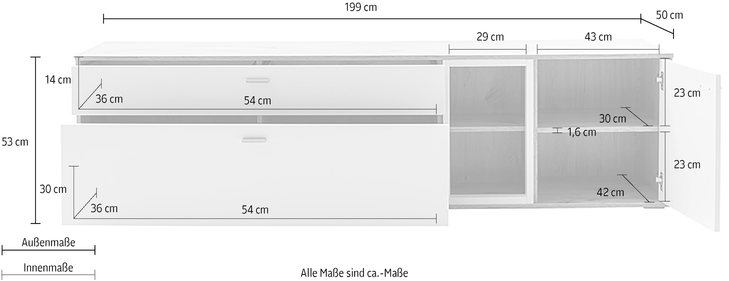 MCA furniture Lowboard »SANTERNO«, mit 1 Tür, 2 Schubkästen, offene Fächer, Fernseher bis 80 Zoll