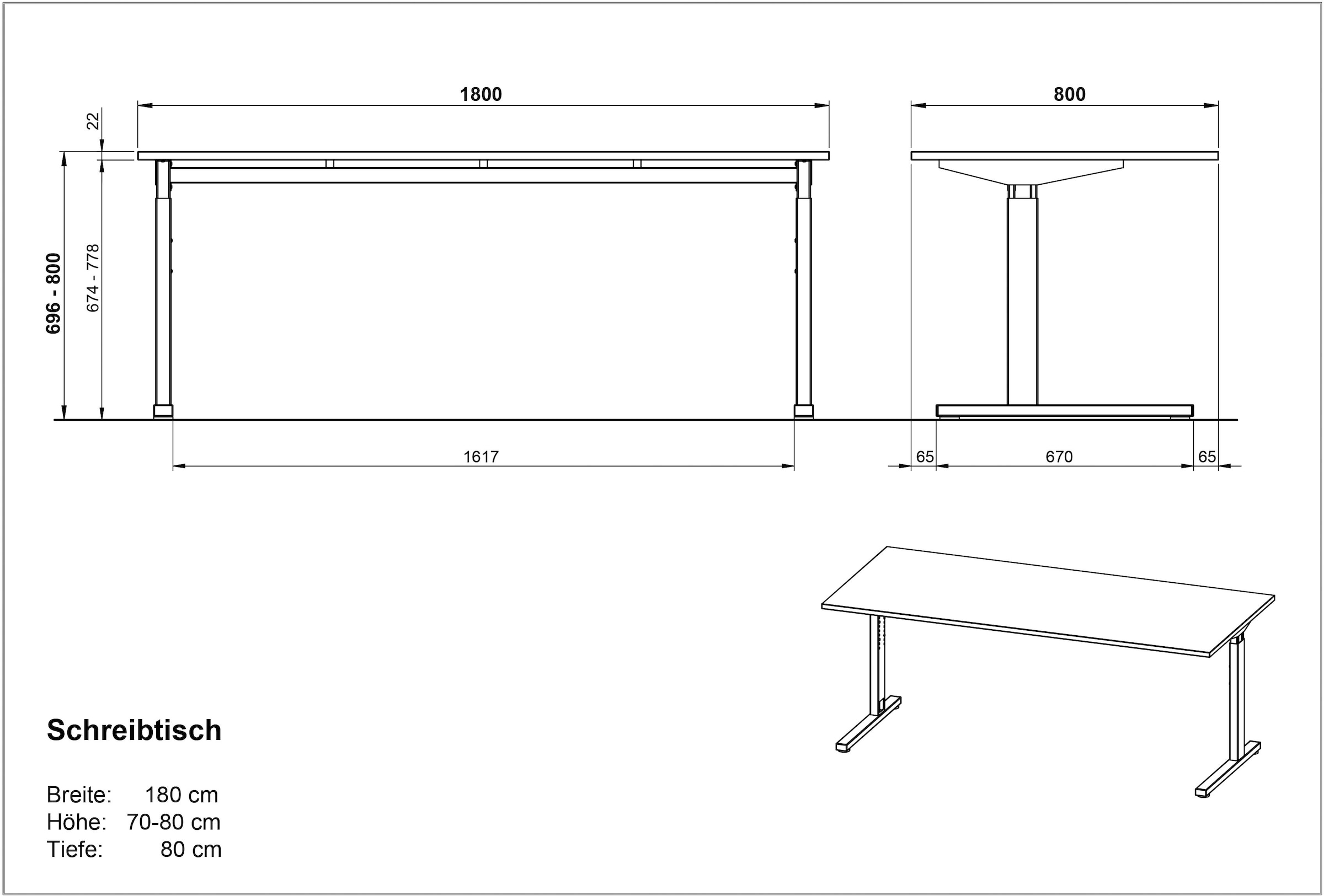 GERMANIA Schreibtisch »GW-Profi 3.0«, höhenverstellbar (70- 80 cm), in 2 Breiten, Made in Germany