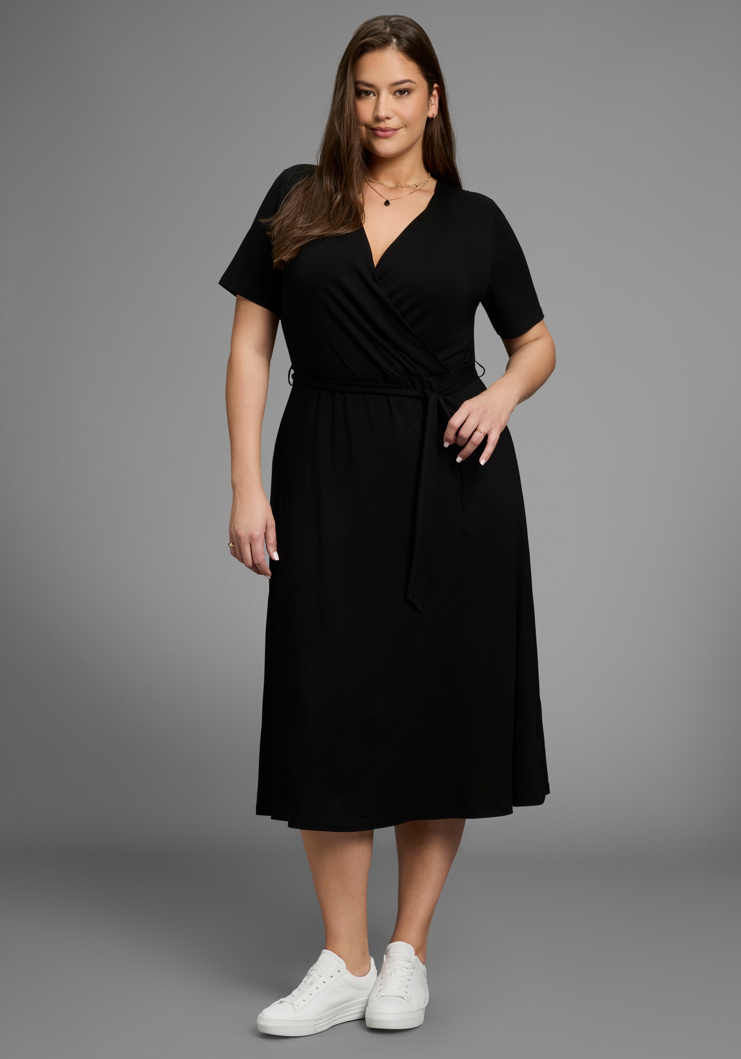 Laura Scott CURVE Midikleid "Große Größen" Ohne Taschen Wickeloptik mit betonter Taille