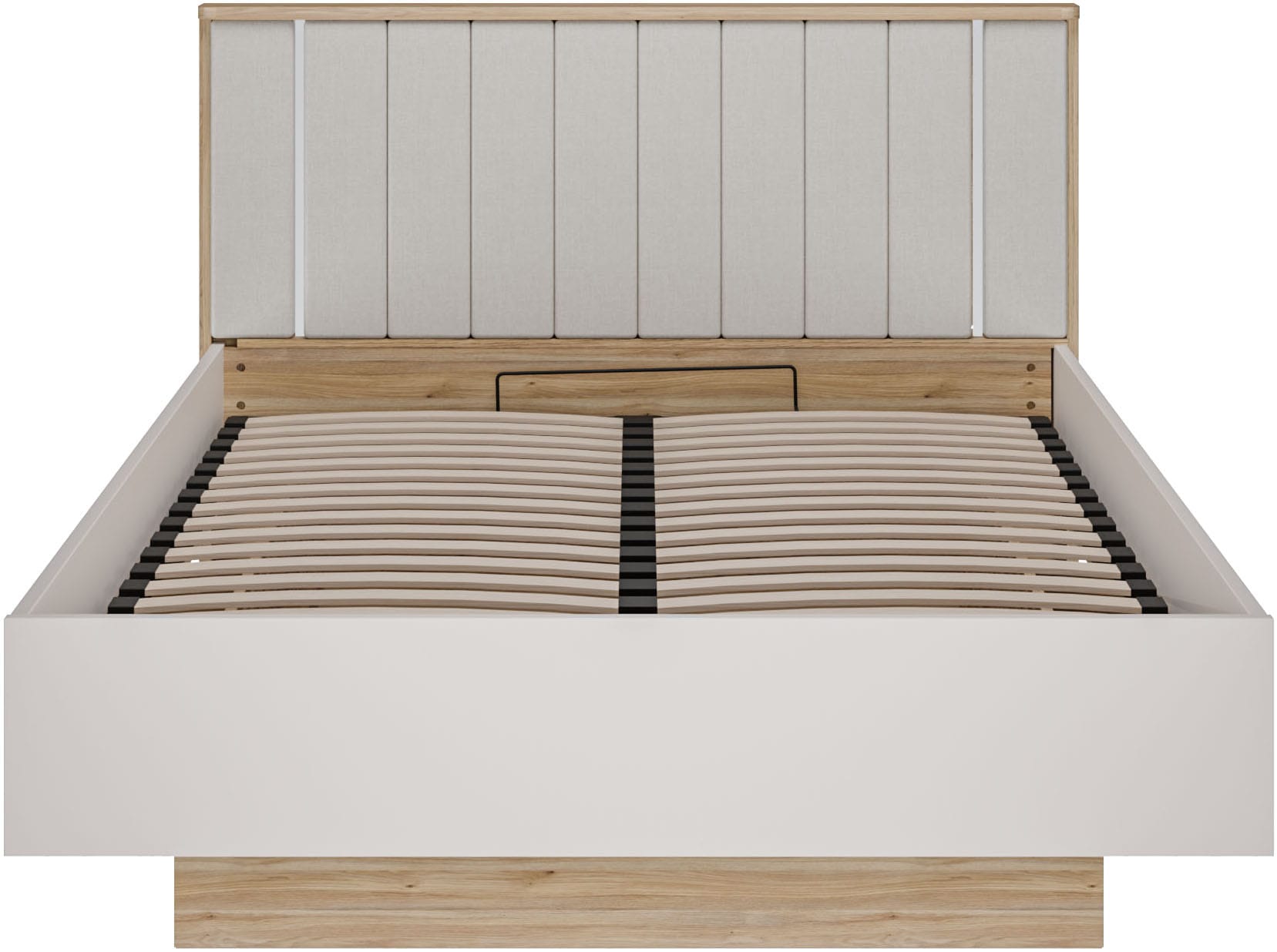 FORTE Bettgestell »Forte Seravel Bettanlage 140 o.160,  Lamellenoptik, warme Holznuancen« inklusive Beleuchtung, aufklappbarer Lattenrost, Stauraum
