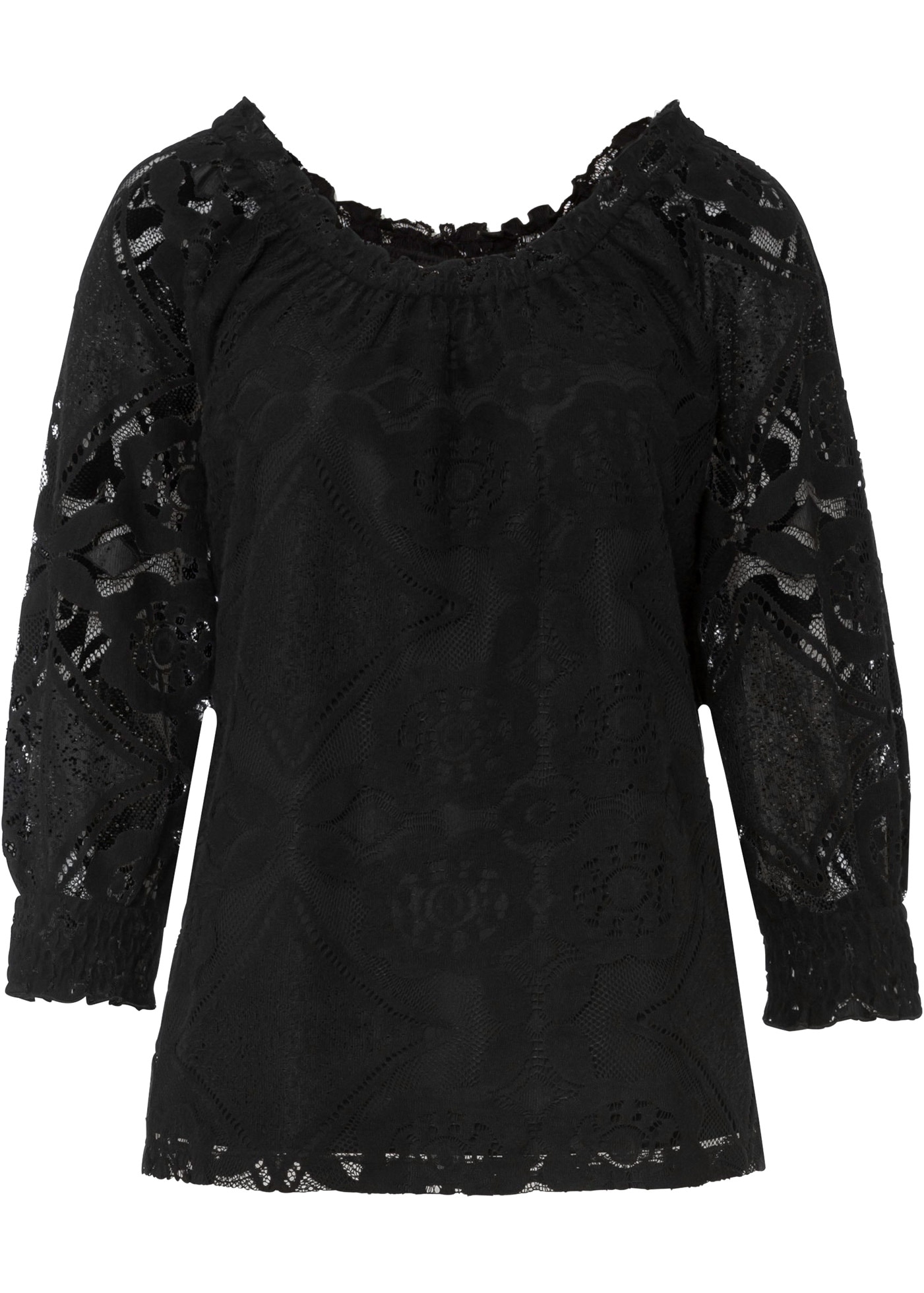 bonprix Carmenshirt bequeme Passform, 3/4-Ärmel, mit Spitze im Lagen-Look