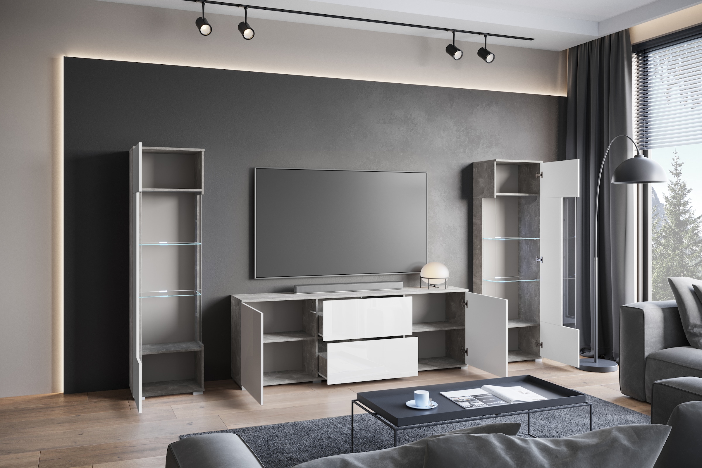 INOSIGN Wohnwand »KENIA«, (Komplett-Set, 3 St.), Vitrinen mit Eckverglasung, hängend und stehend montierbar