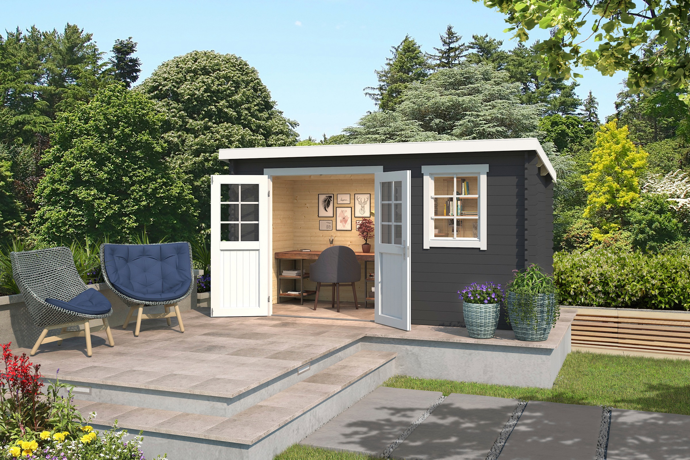 LASITA MAJA Gartenhaus »Amira 175«, Blochbohlenhaus 28mm, Fundamentmass 3800x1750, Carbongrau
