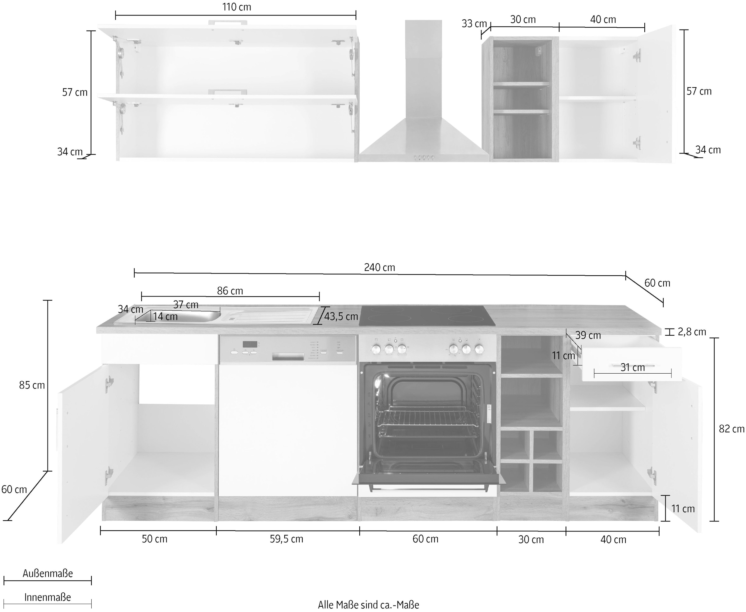 KOCHSTATION Küchenzeile »KS-Colmar«, mit E-Geräten, Breite 240 cm
