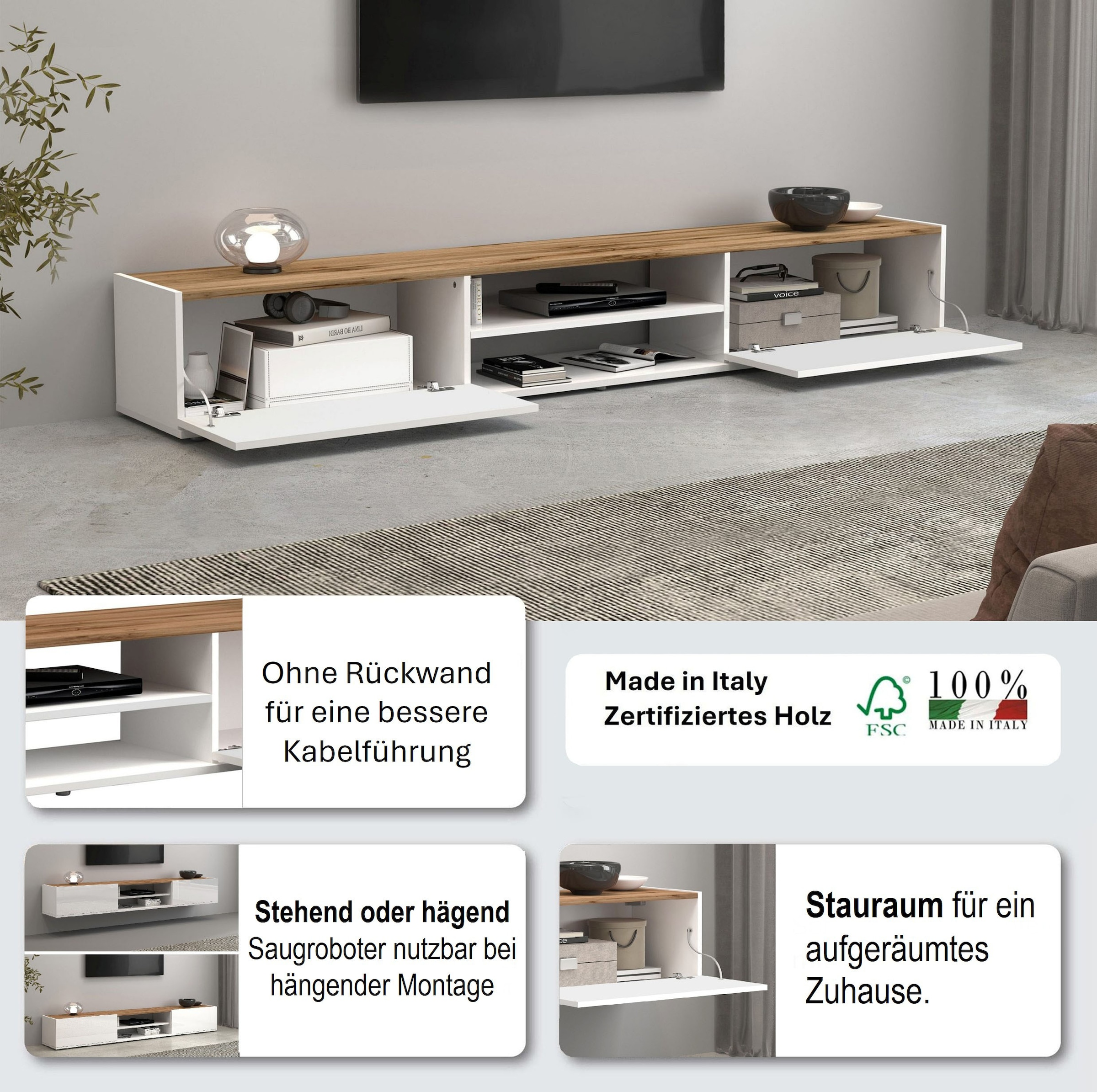 INOSIGN Lowboard »Garda,Lowboard,TV-Kommode,TV-Möbel,TV-Bank«, stehend und hängend mit 2 Klappen, 1 Einlegeboden, Breite 210 cm