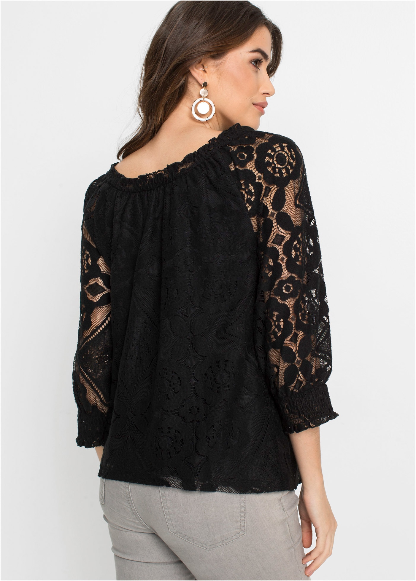 bonprix Carmenshirt bequeme Passform, 3/4-Ärmel, mit Spitze im Lagen-Look