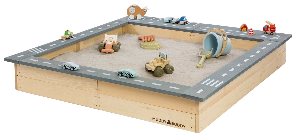 Sandkasten MUDDY BUDDY "Highway Hero", beige (natur, grau), Sandkästen, Kinder, B/H/L: 125cm x 20cm x 135cm, Massivholz, natur - lavagrau, B:125cm