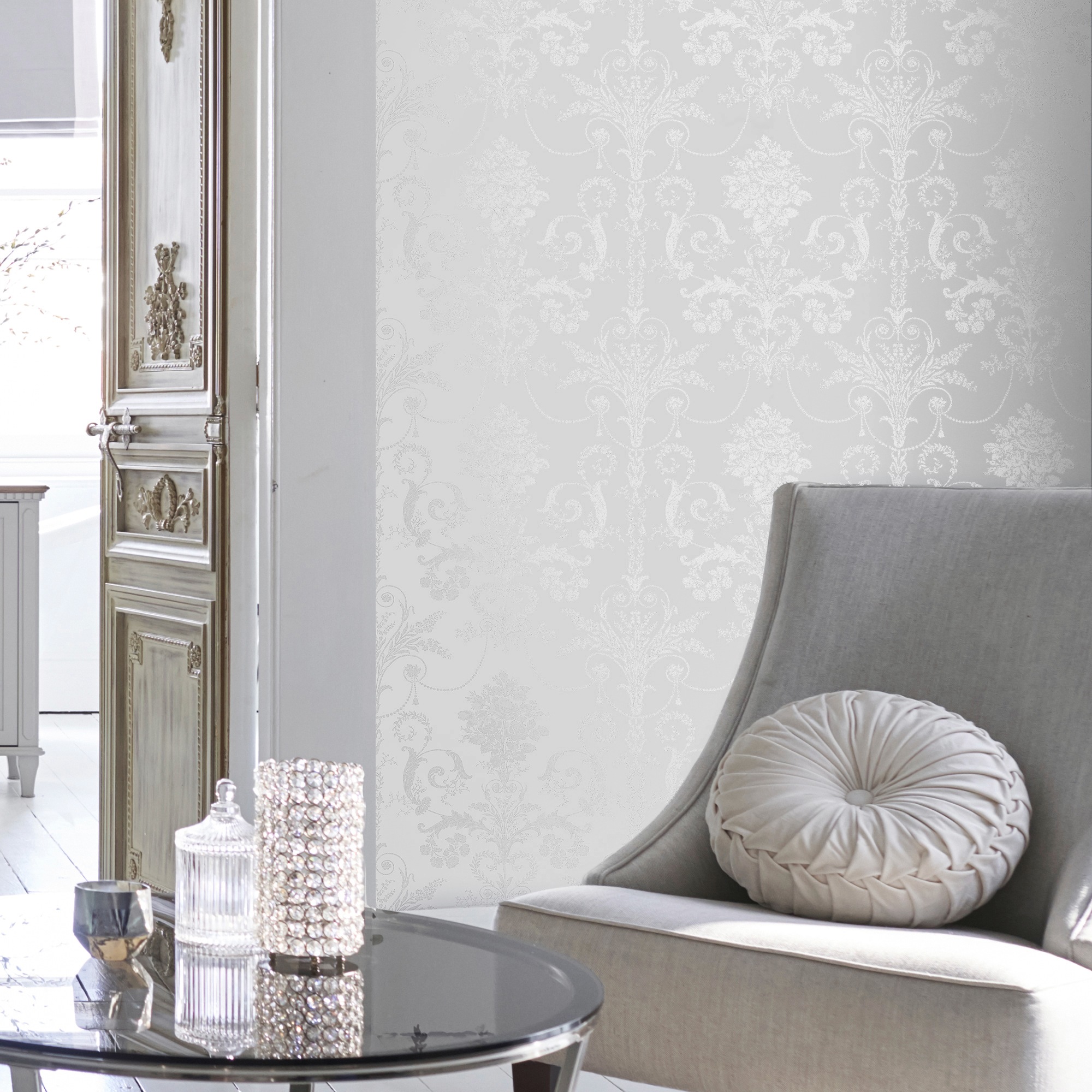 Papier peint intissé Laura Ashley Josette Metallic Silver 1005 x 52cm Blanc/argent