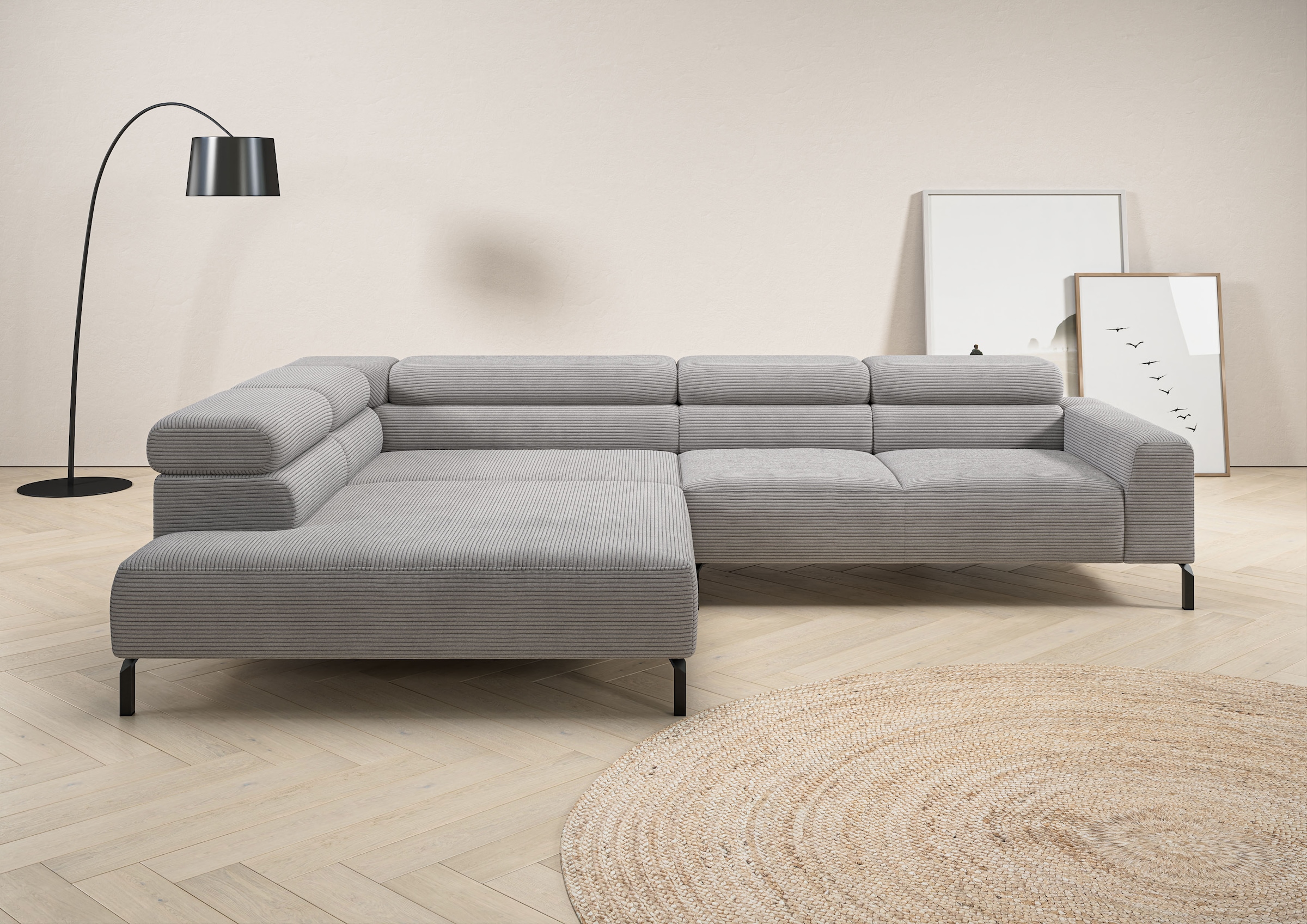 Home affaire Ecksofa "Antonelli, L-Form, incl. Kopfteilverstellung, Breite 312 cm" ohne Sitztiefenverstellung, in Cord, grau