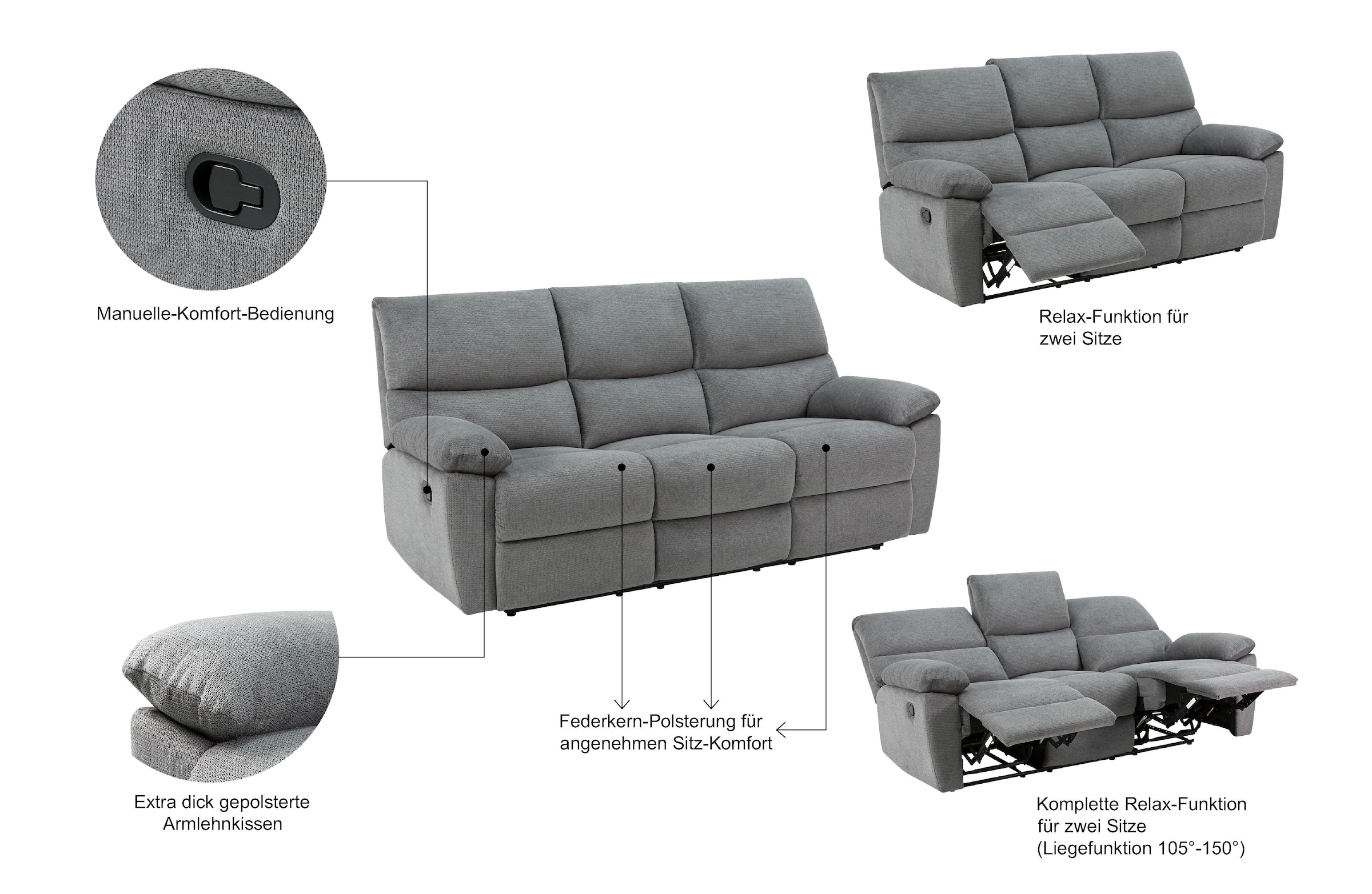 Home affaire 3-Sitzer »LANNOY, manuelle o. elelektrische Relaxfunktion in 2 Sitzen, USB A/C«, Liegefunktion (105°-150°), Reclinersofa, Webstoff, Federkern