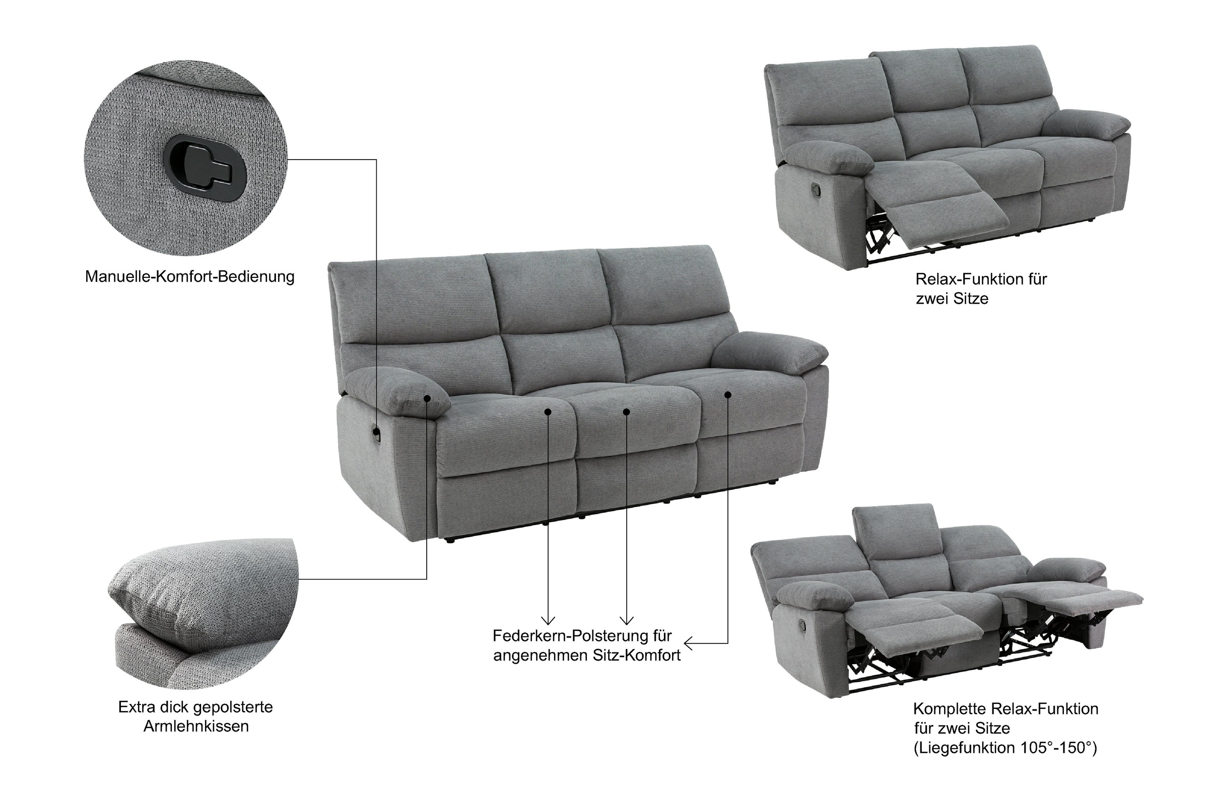 Thumbnail - Home affaire 3-Sitzer "LANNOY, manuelle o. elelektrische Relaxfunktion in 2 Sitzen, USB A/C" Liegefunktion (105-150), Re...