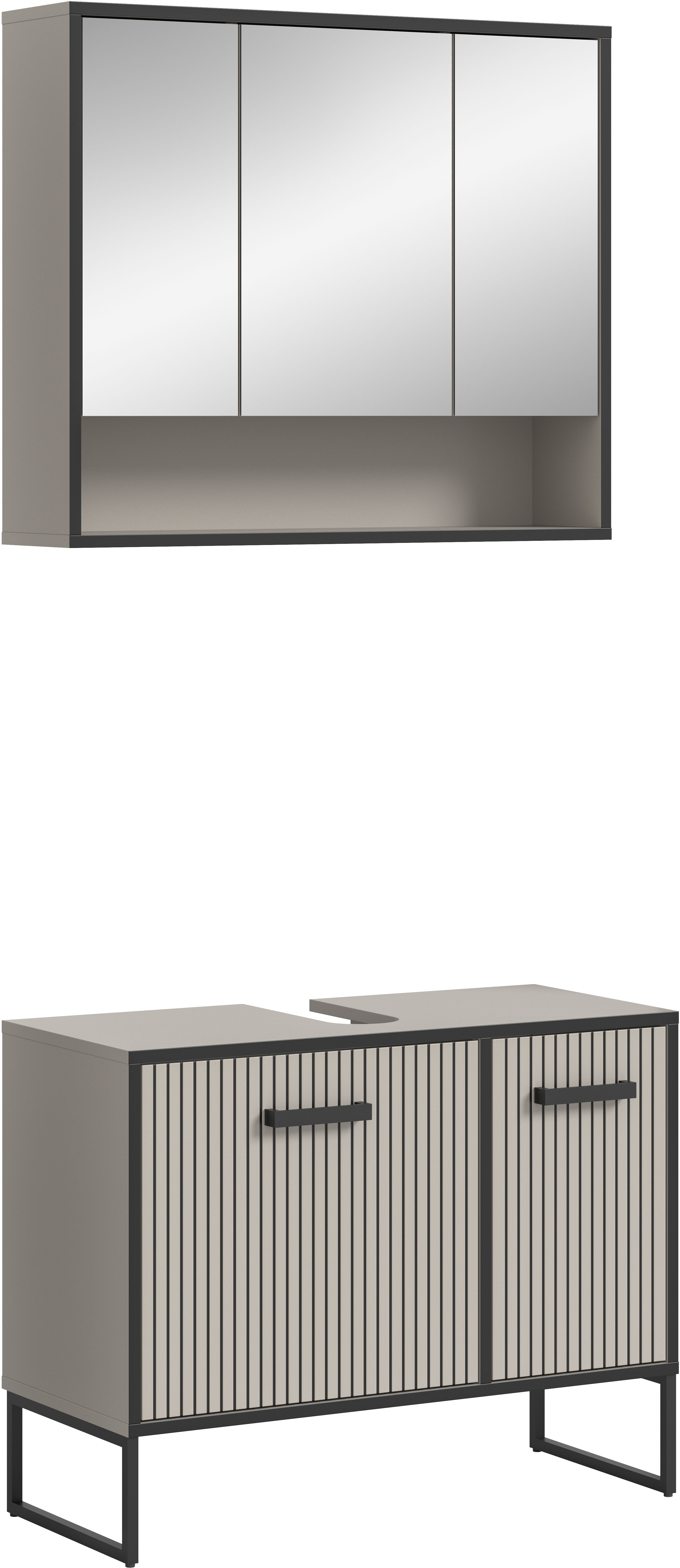 welltime Badezimmer-Set "LOCRI, 2-tlg. Badkombination, Breite 80 cm, Rillenoptik, Metallkufen" bestehend aus: Waschbeckeunterschrank & Spiegelschrank, 2 Stk. tlg.