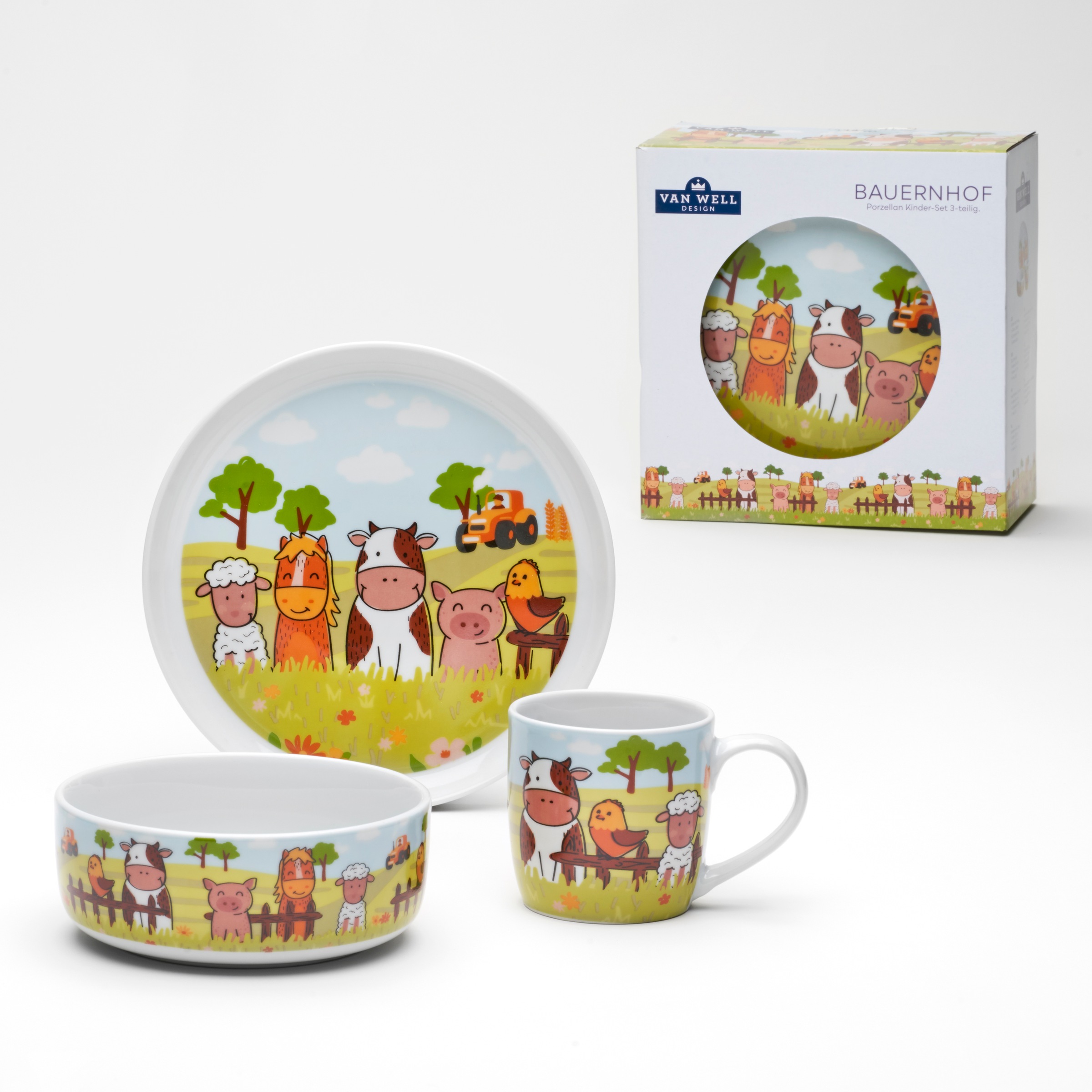 VAN WELL Kindergeschirr-Set "Kinderset Bauernhof, 3-teilig, Geschirr-Set, Service", 3 Stk., bunt, Geschirr-Sets, mit farbenfrohem Dekor,
