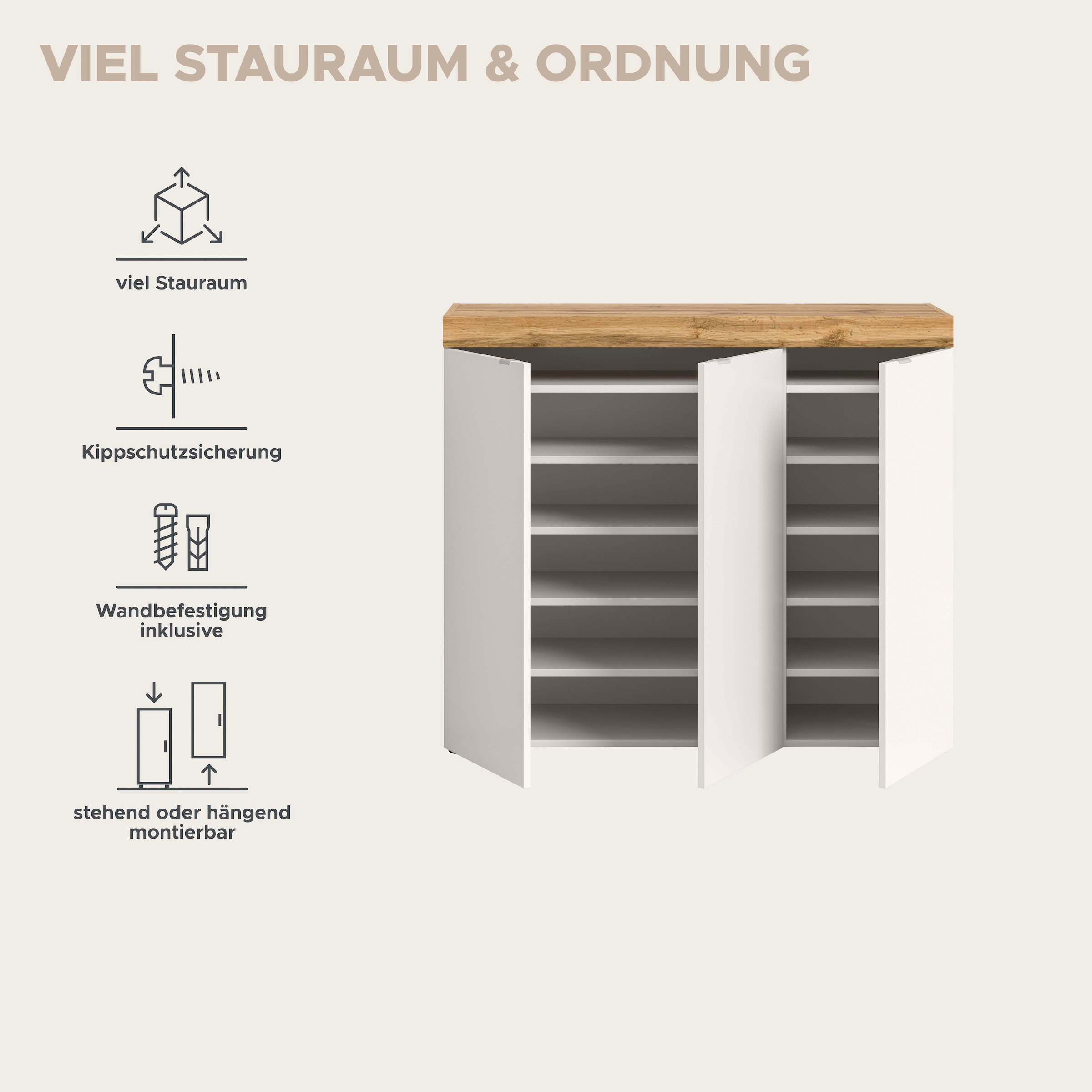 OTTO home Schuhschrank »MAMBO II, Breite 115 cm, 3 Türen, 10 Einlegeböden« 1 Stk. tlg. Schuhschrank, Schuhkommode, Flur, Diele