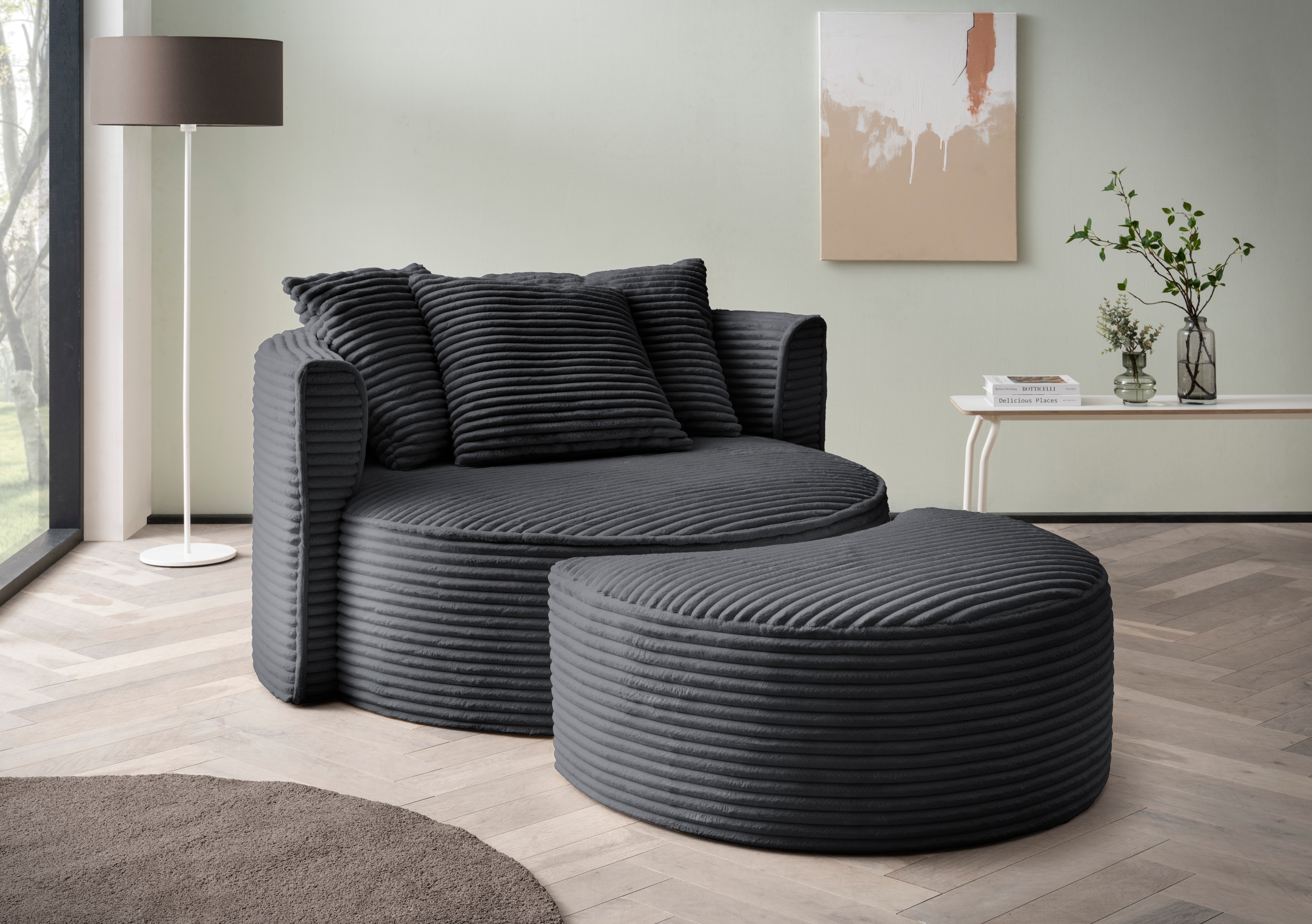 LeGer Home by Lena Gercke XXL-Sessel "ISALIE Cord, Rundsessel mit Hocker, Lesesessel, Loveseat, Big-Sessel" Set, trendige Bezugsstoffe, 3 Zierkissen, große Sitzfläche
