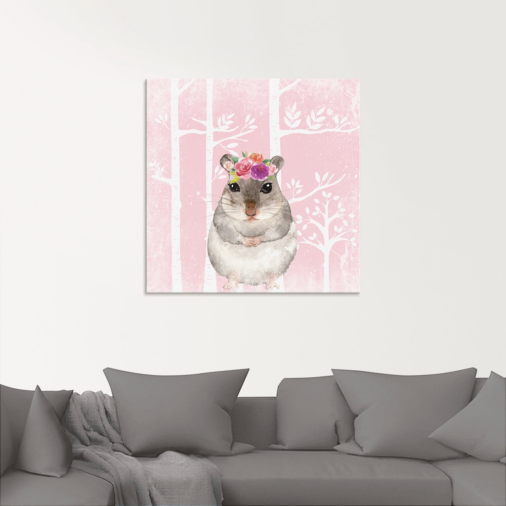 Artland Glasbild »Hamster mit Blumen im pink Wald«, Tiere, (1 St.)