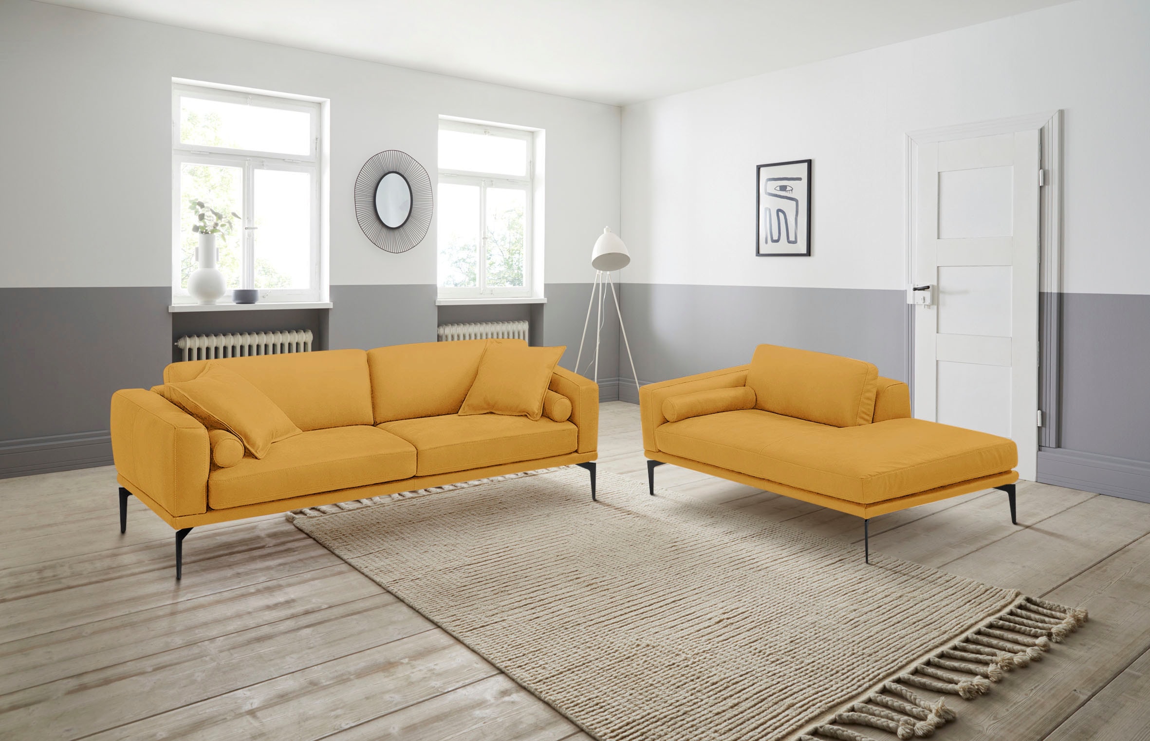 Egoitaliano Polstergarnitur "Masu, Design trifft sensationellen Sitzkomfort" Set besteht aus 2,5-Sitzer, freistehende Ottomane und 3 Rollkissen