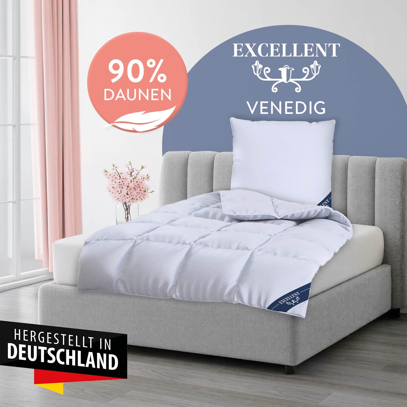 Excellent Daunenbettdecke "VENEDIG, Bettdecken für Sommer und Winter, Decke" warm Füllung 90Daunen10Federn 1 Stk. tlg. Bettdecke 135x200 cm, 155x220cm und weitere Größen, Made in Germany
