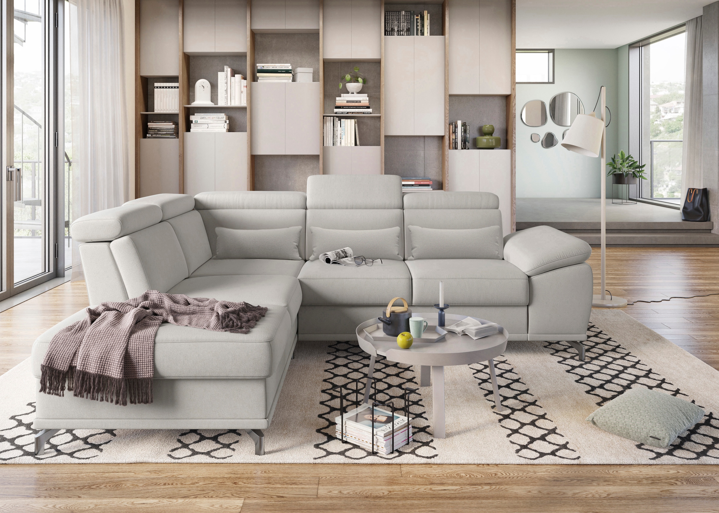 sit&more Ecksofa »Cabrio L-Form, mit Sitztiefenverstellung, Arm- und Kopfteilverstellung«, 3 Nierenkissen, Federkern, optional Bettfunktion und Stauraum