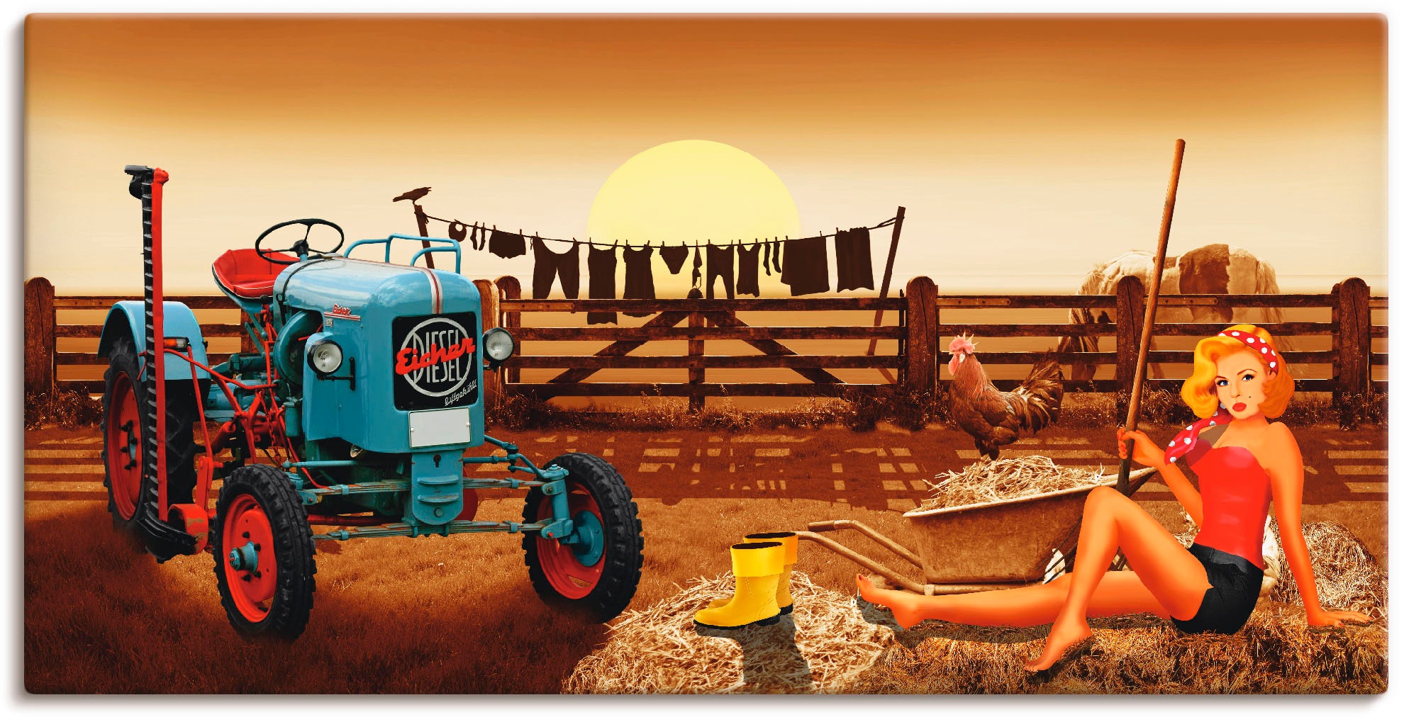 Artland Wandbild »Pin Up Girl mit Traktor auf Bauernhof«, Traktoren, (1 St.),  als Alubild, Leinwandbild, Wandaufkleber oder Poster in versch. Größen  kaufen | BAUR