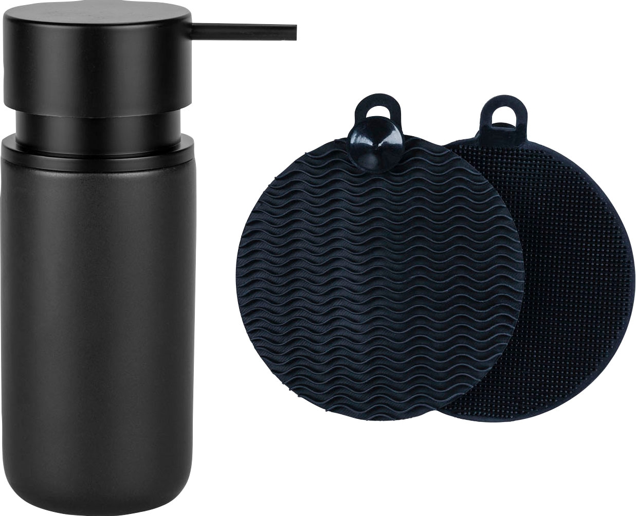 WENKO Küchenorganizer-Set »Black Outdoor Kitchen spül-Set«, (Set, 3 tlg.), Seifenspender und 2 Schwämme