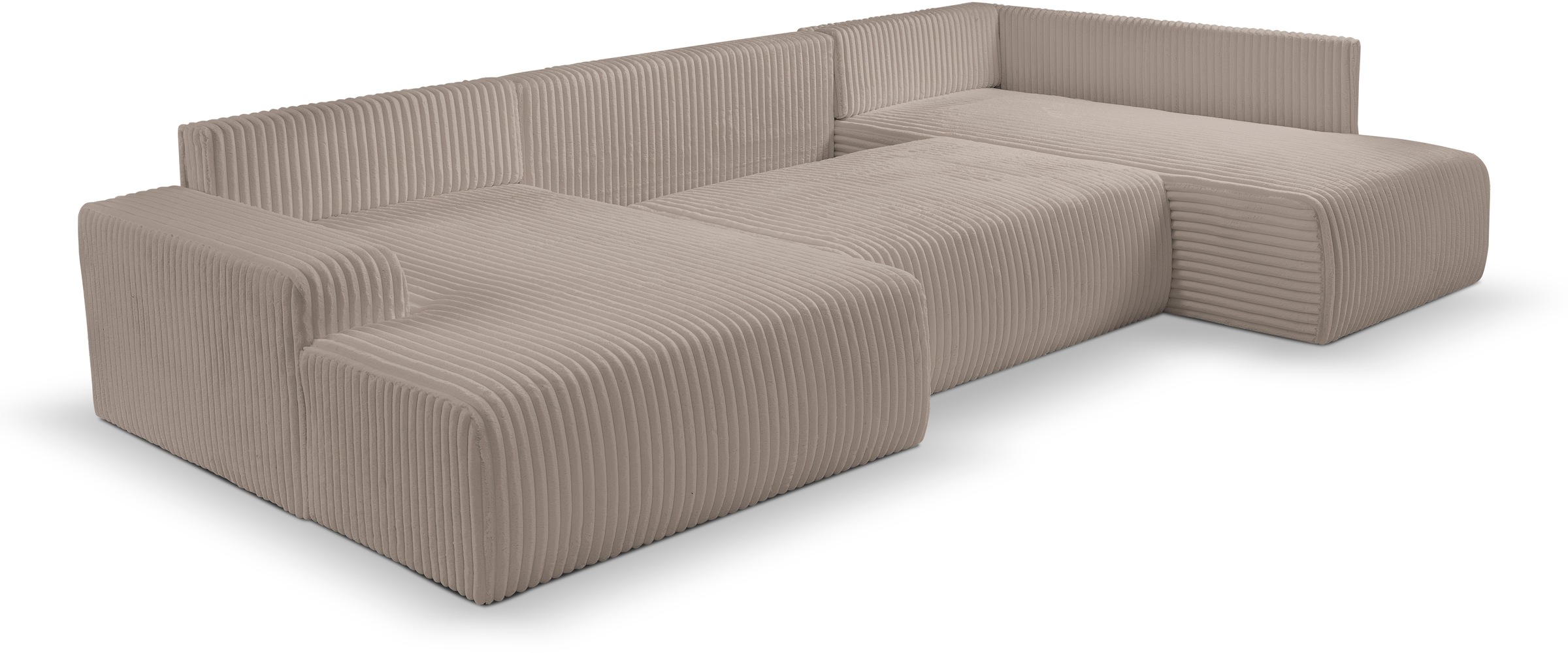 WERK2 Wohnlandschaft »Rotterdam-U, U-Form, in kuschelweichem Cord oder Breitcord«, Design Sofa mit Schlaffunktion & Bettkasten, Breitcord, Taupe
