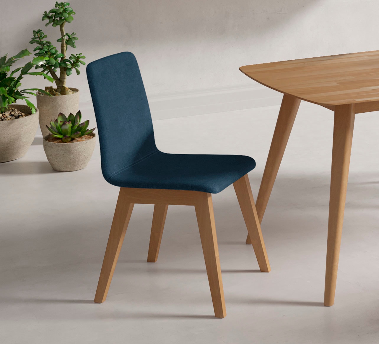 Stuhl HOME AFFAIRE "Sandy", blau (jeans, buche, jeans), B:47cm H:88cm T:56cm, Polyester, Stühle, Stuhl, mit verschiedenen Stuhlbeinfarben und Farbvarianten, Sitzhöhe 47 cm