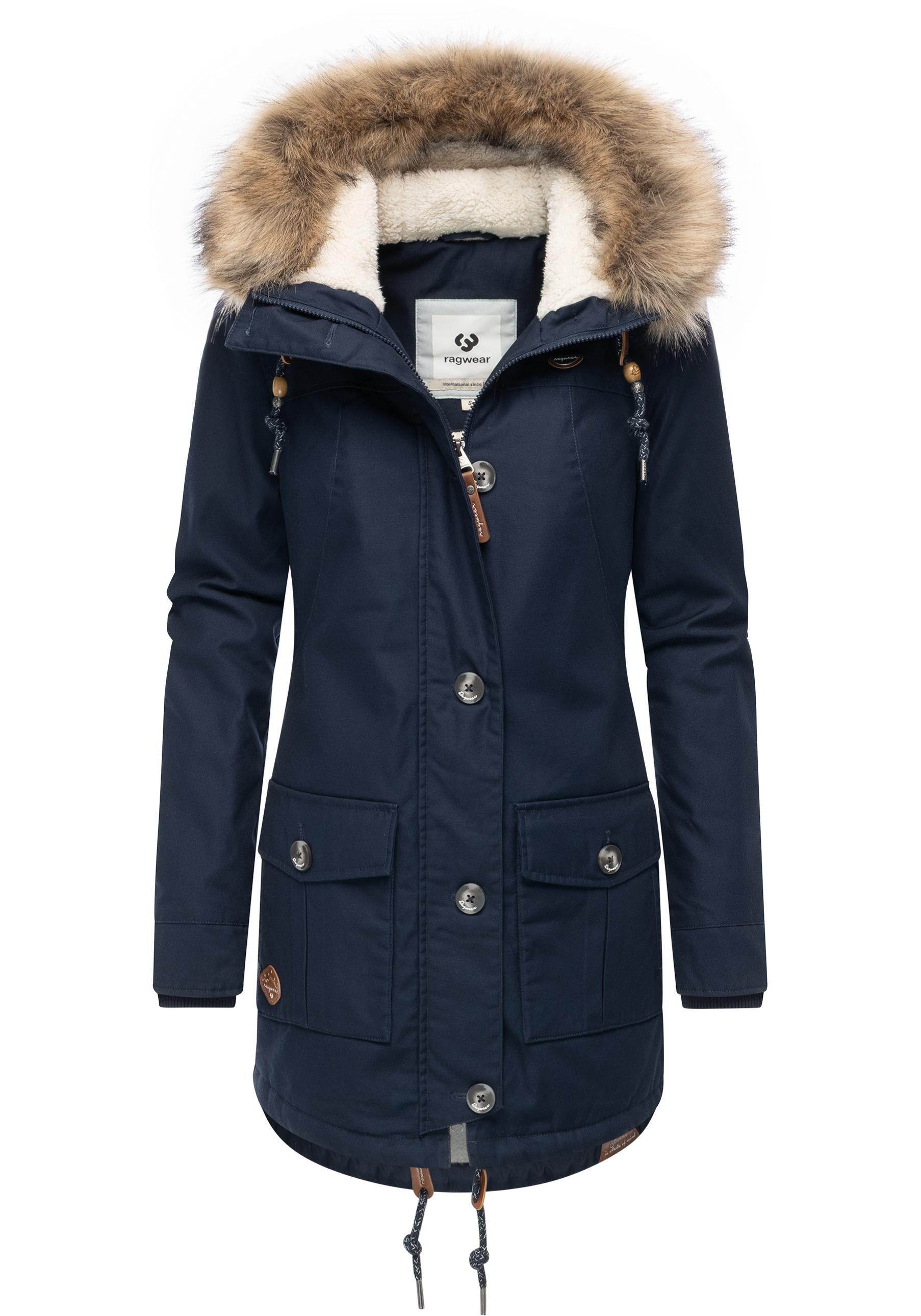 Wintermantel RAGWEAR "Jane YOUMODO", Damen, Gr. XL (42), navy, Obermaterial: 65% Polyester, 35% Baumwolle; Innenfutter: 100% Polyester; Wattierung: 100% Polyester, tailliert Po-bedeckend, hoch geschlossener Ausschnitt, Ärmel ohne Ärmelschlitz eckige 1-Kno