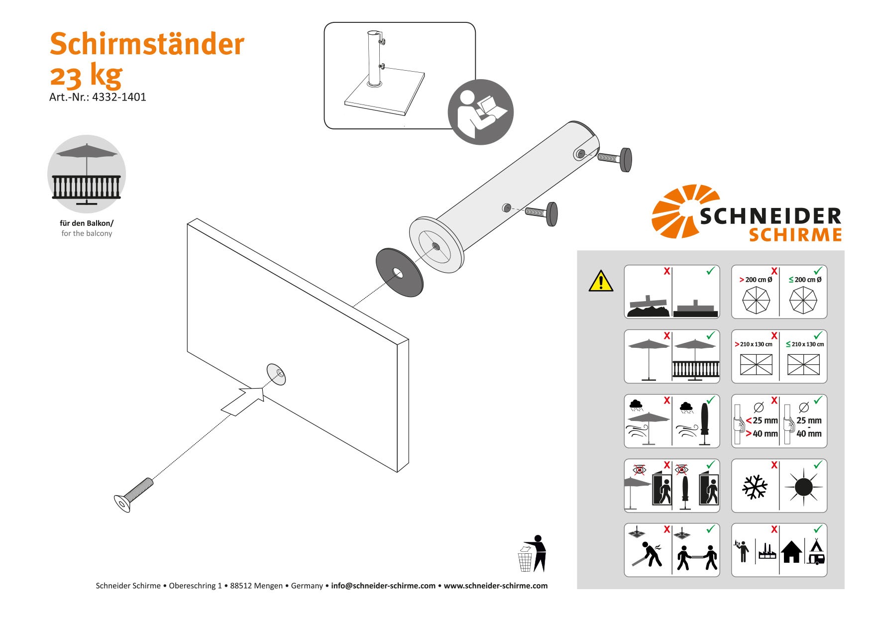 Schneider Schirme Schirmhalter Balkonschirmständer Stahl ca. 23kg
