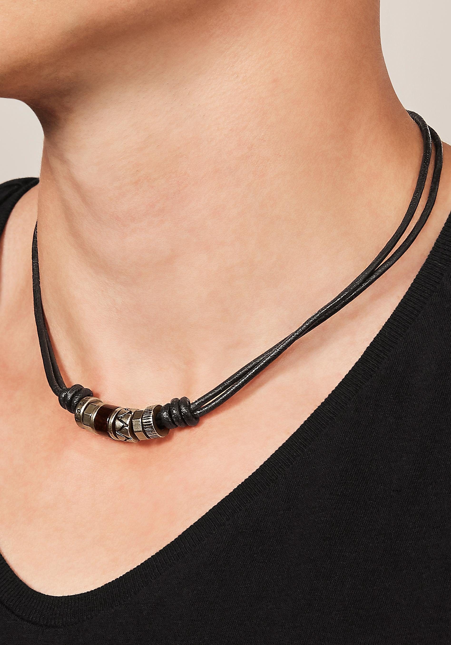 Kette mit Anhänger FOSSIL "Schmuck Geschenk Edelstahl Leder Halsschmuck", bunt (silberfarben, schwarz, braun), Halsketten, Herren, Edelstahl Holz Leder, L: 50, Edelstahl, Holz, Leder 3