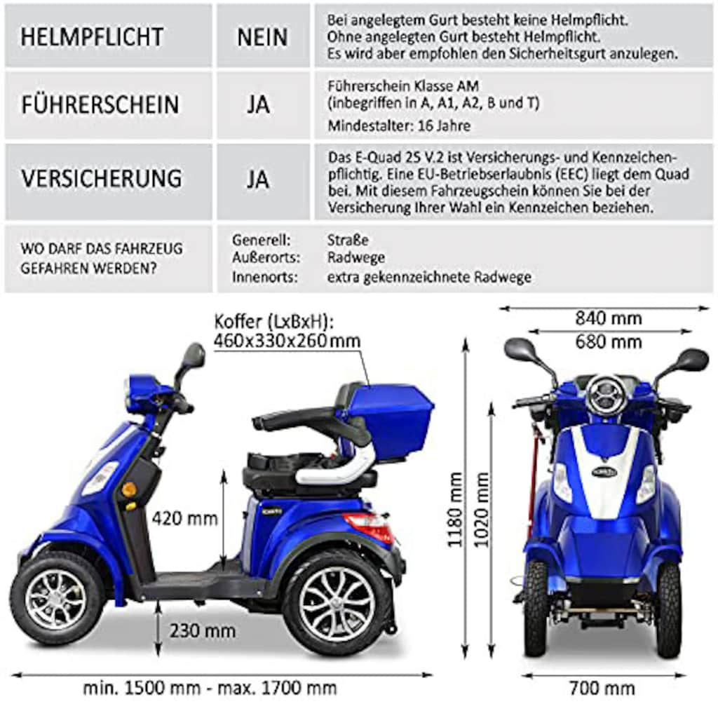 Rolektro Elektromobil »Rolektro E-Quad 25 V.2, Blei-Gel-Akku«, 1000 W, 25 km/h, (mit Topcase)