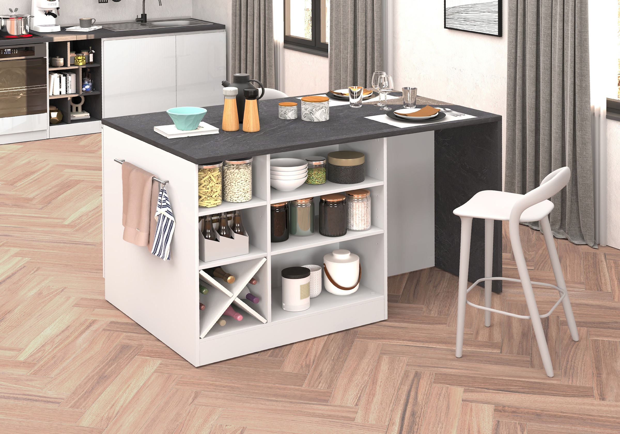KOCHSTATION Kücheninsel »KS-Sole, Kochinsel, Küchenarbeitsblock, Inselküche, Arbeitsinsel« Breite 152,5 cm, mit Essplatz, Handtuchhalter, Fächer und Weinregal